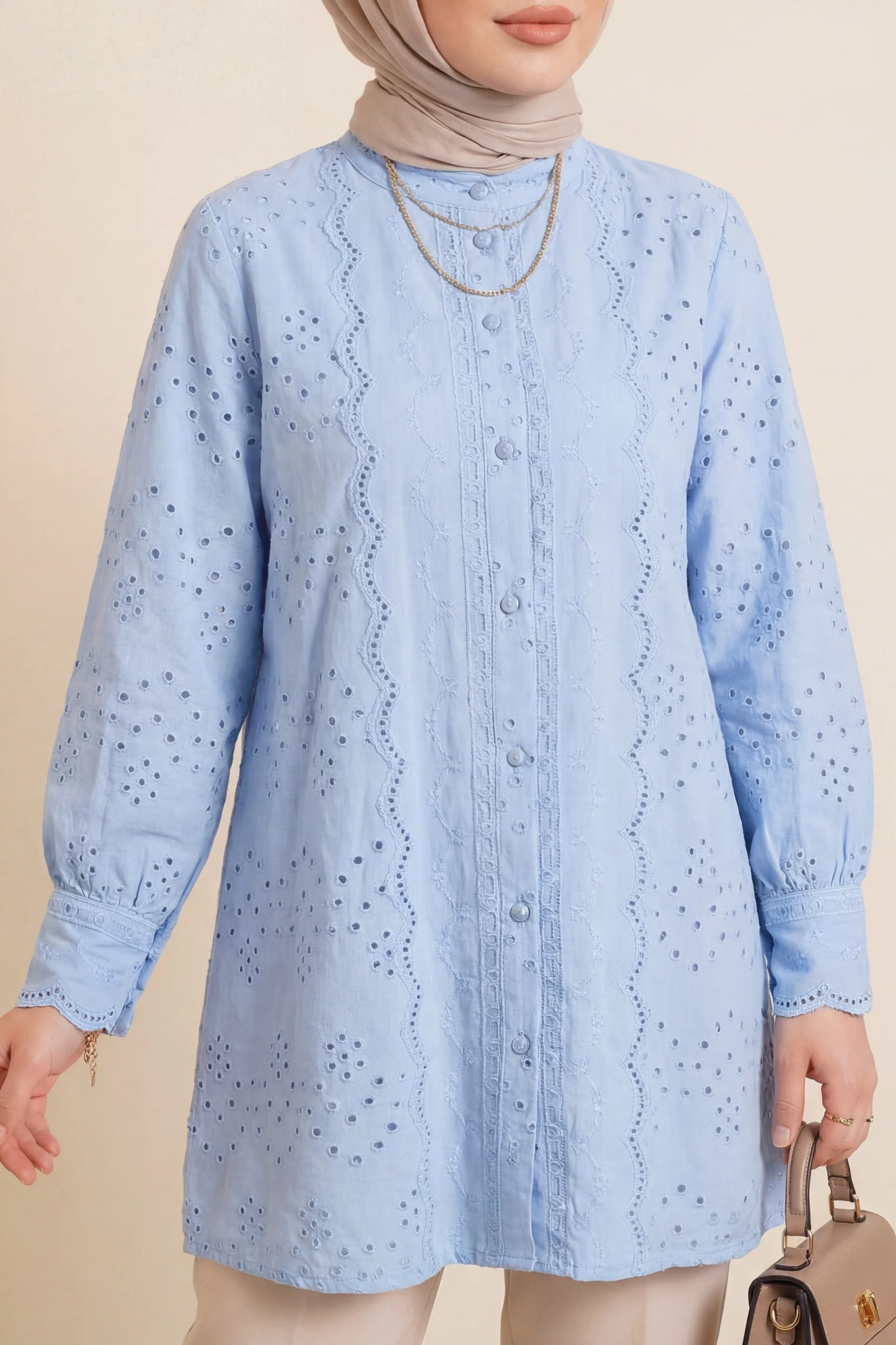 Light Blue Cotton Blouse with Eyelet and Lace Trim - Women's - Podyumplus - by Peralane - photo 5