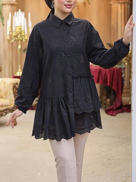 Black Floral Eyelet Embroidered Blouse with Pearl Buttons - Podyumplus - by Peralane - photo 4