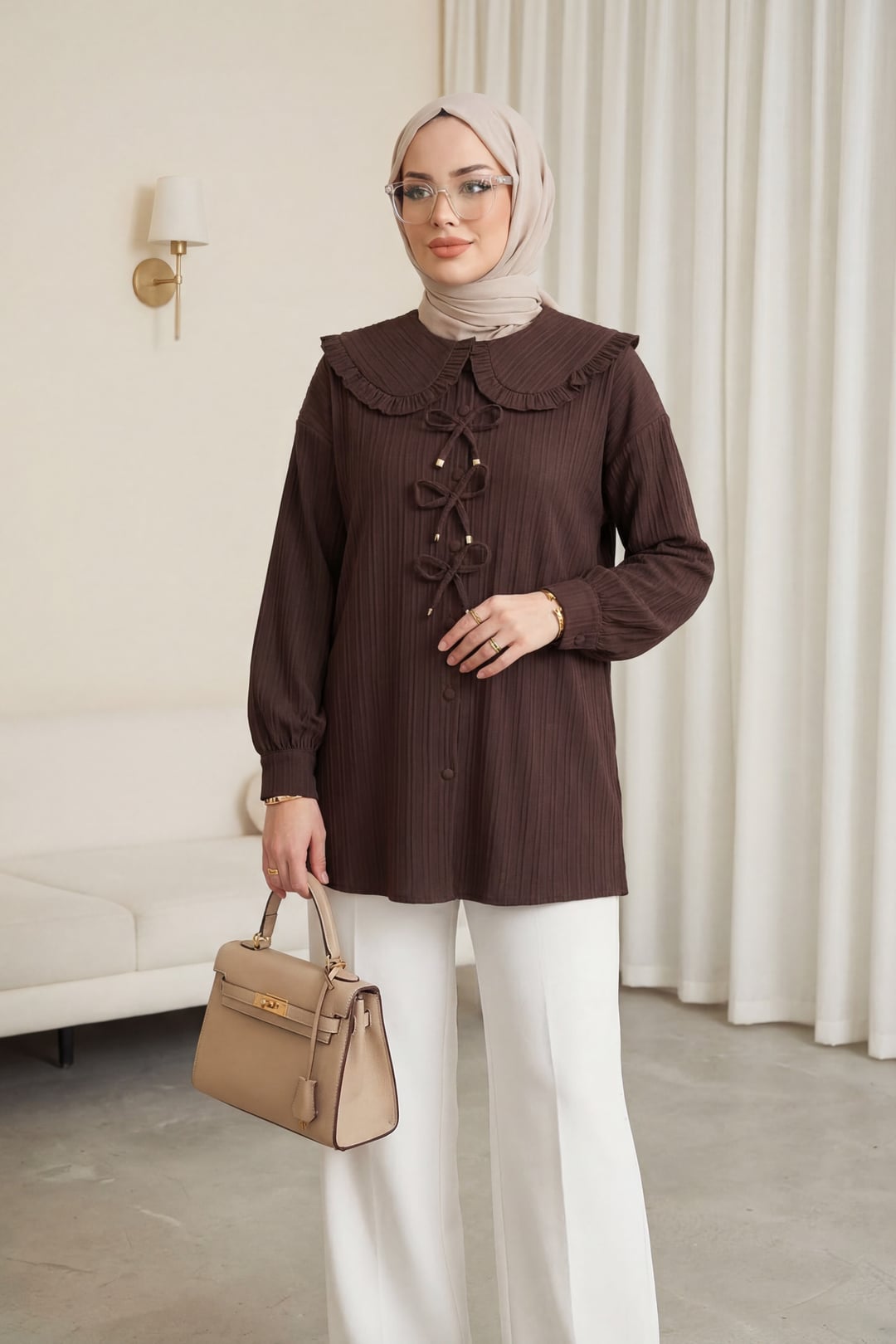 Ribbed Tunic with Ruffled Collar and Tie Detail - Brown - Podyumplus - by Peralane - photo 4