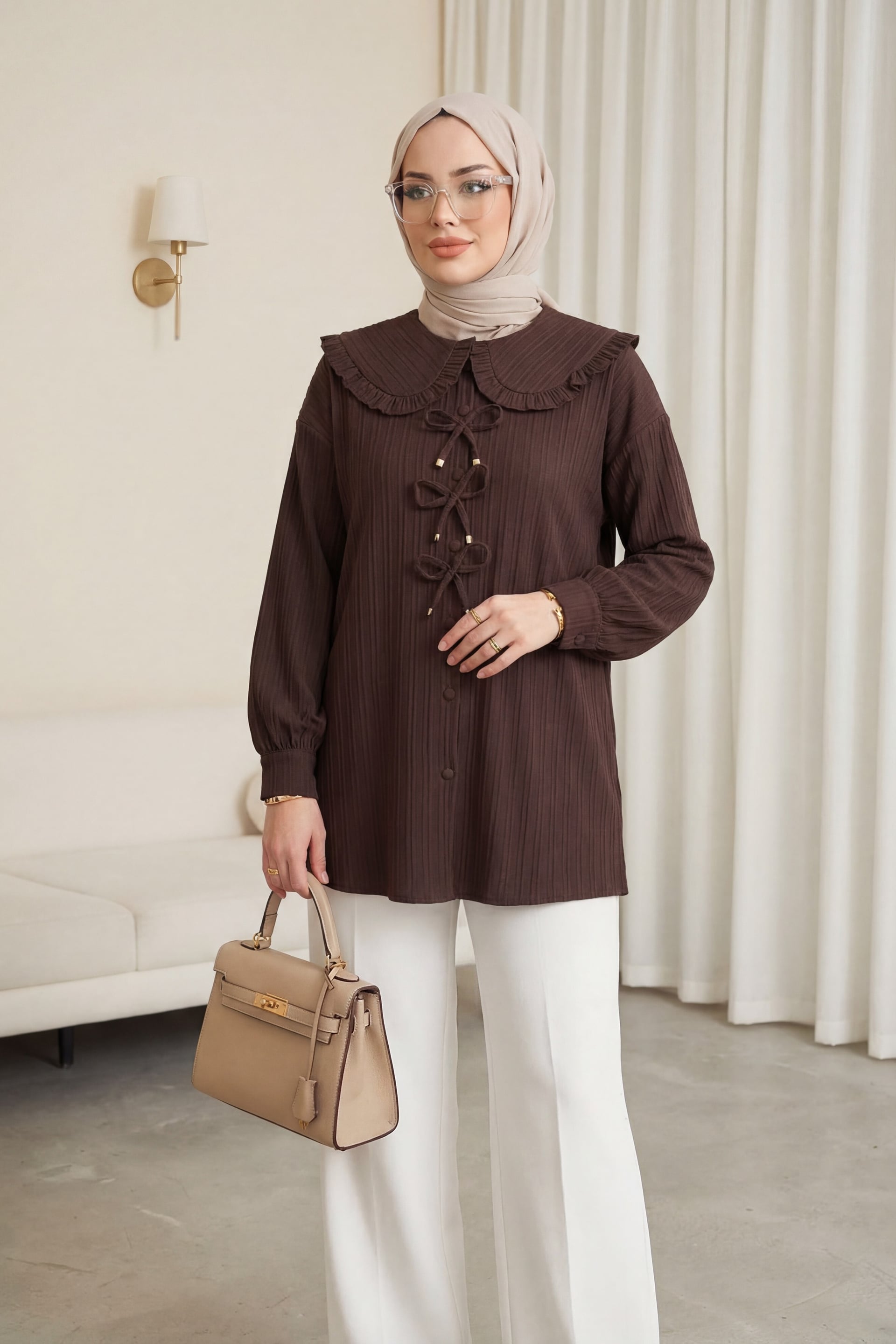 Ribbed Tunic with Ruffled Collar and Tie Detail - Brown - Podyumplus - by Peralane - photo 4