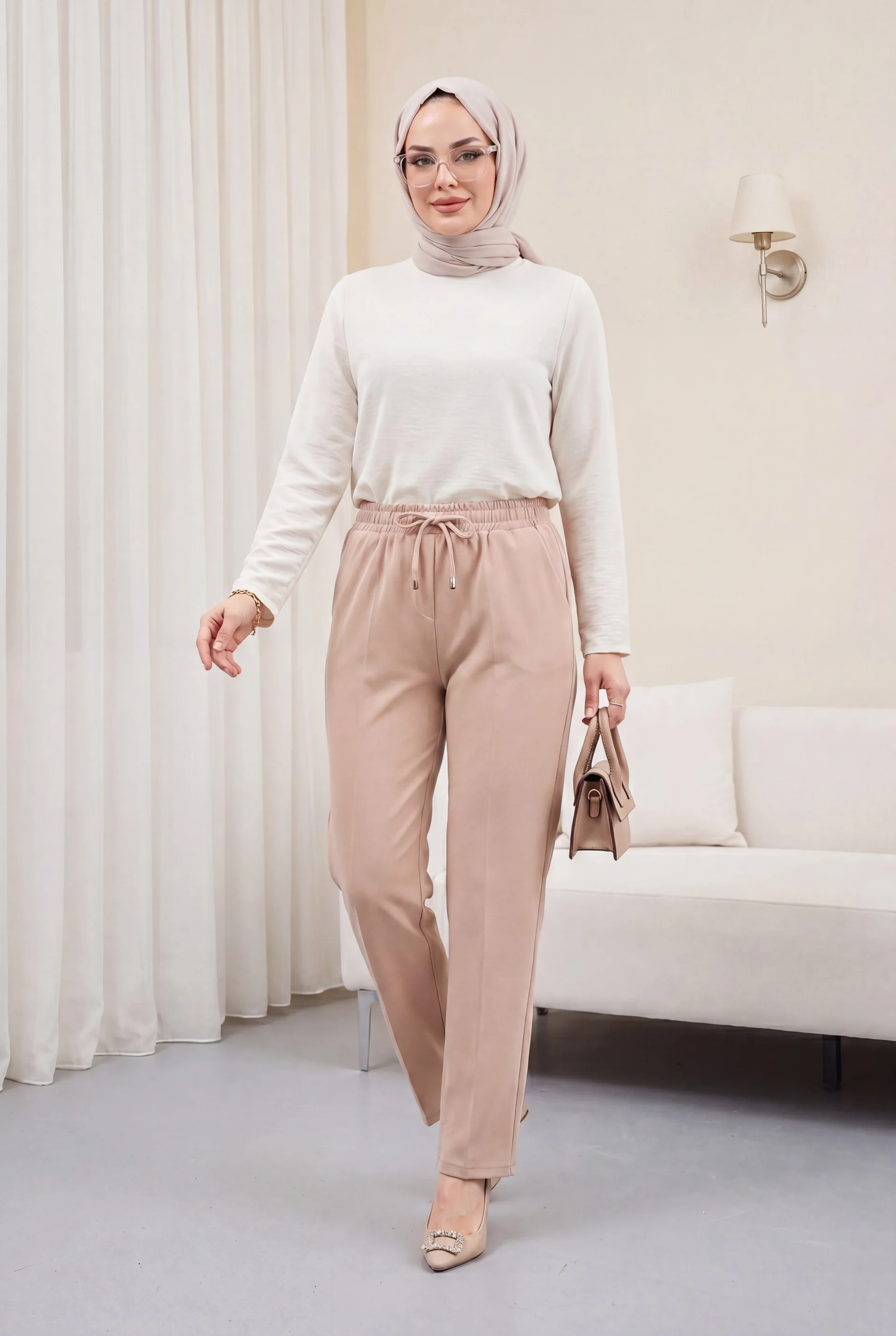 Women's Drawstring Waist Straight Leg Trousers - Beige - Podyumplus - by Peralane - photo 6