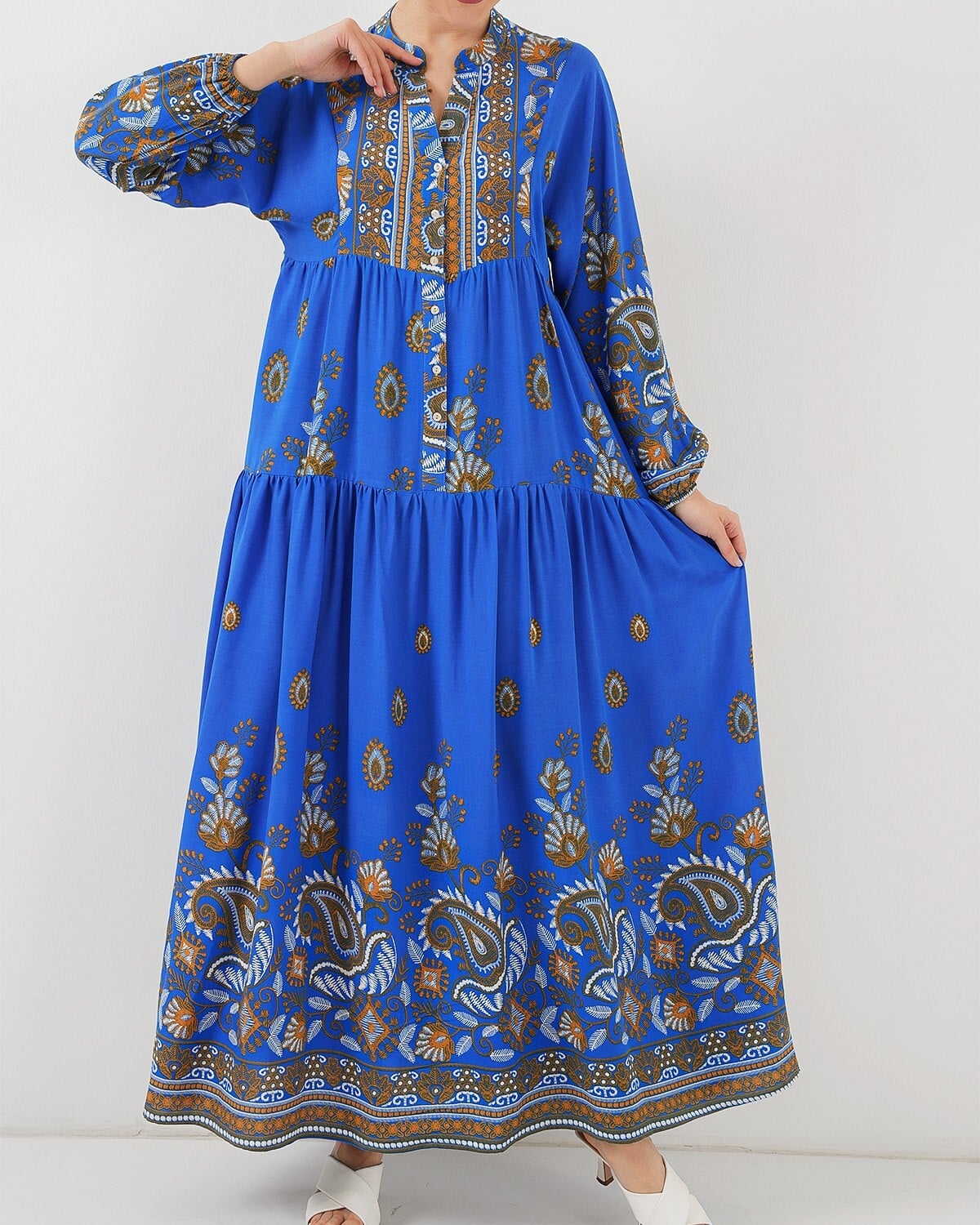 Women's Authentic Patterned Modest Dress with Paisley and Floral Print - Blue - Bigdart - by Peralane - photo 4