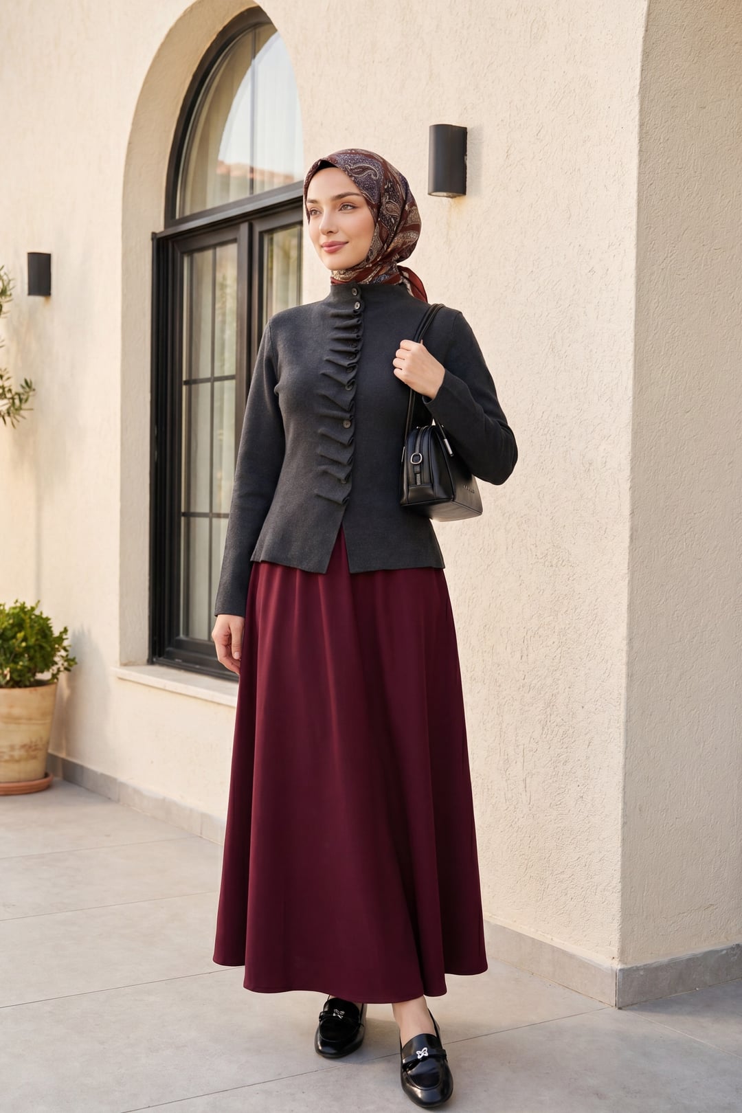 Front Ruffled Buttoned High Neck Knitted Cardigan - Anthracite - Podyumplus - by Peralane