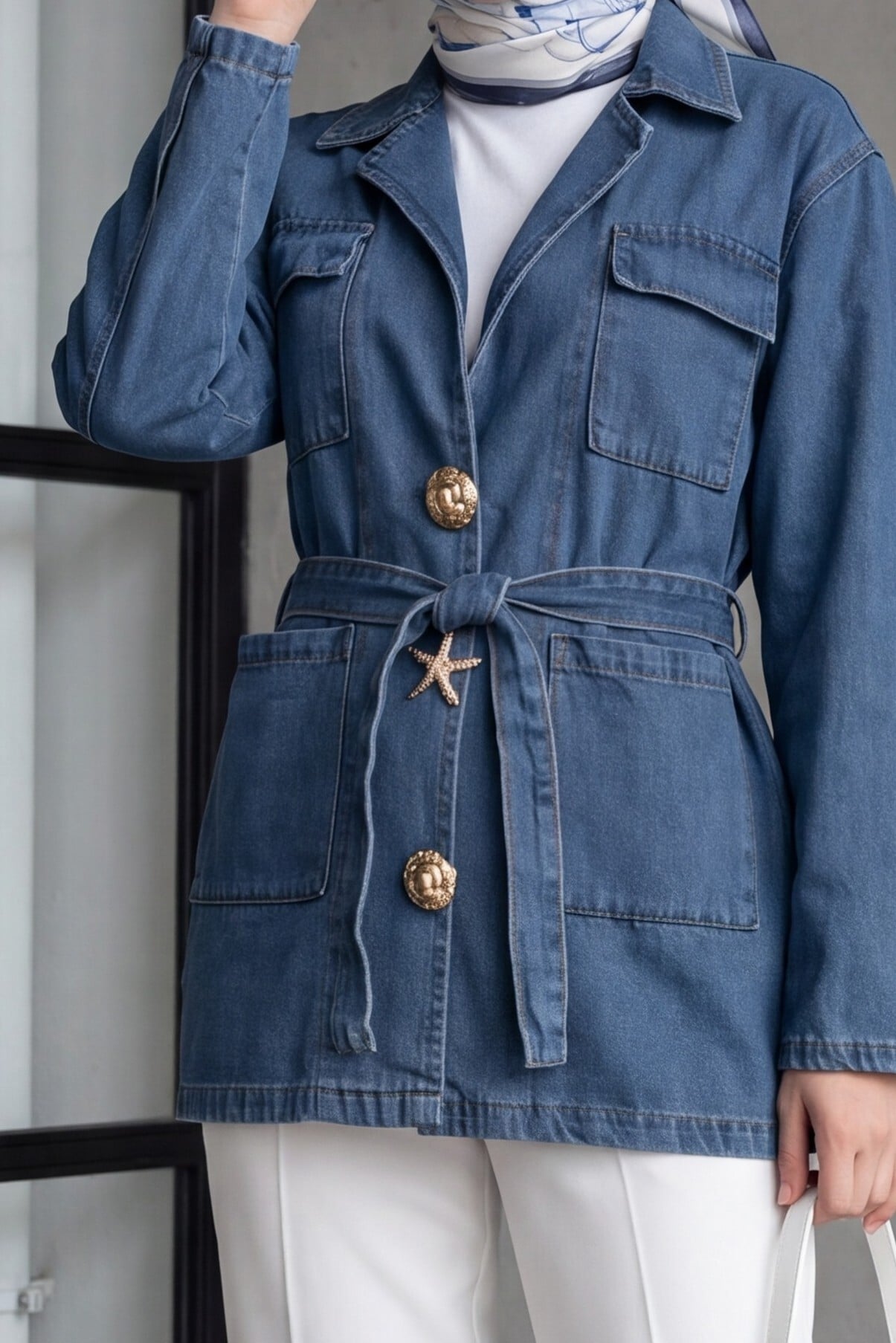 Belted Brooch Pocket Denim Jacket - Tint - Podyumplus - by Peralane - photo 7