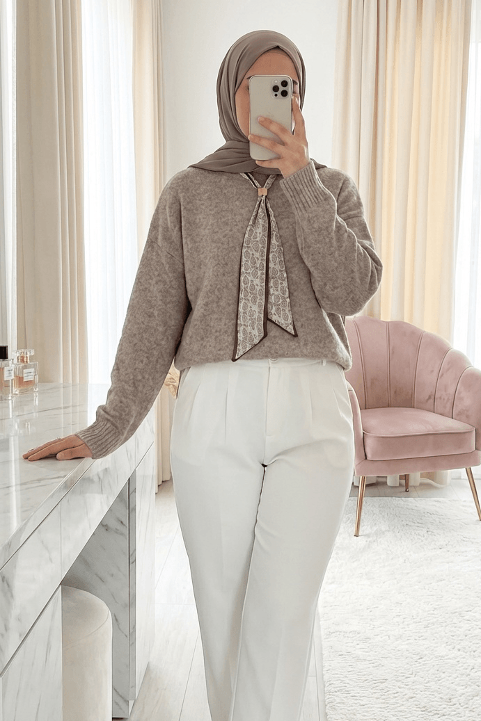 Scarf Detail Soft Knit Sweater - Light Beige - Podyumplus - by Peralane