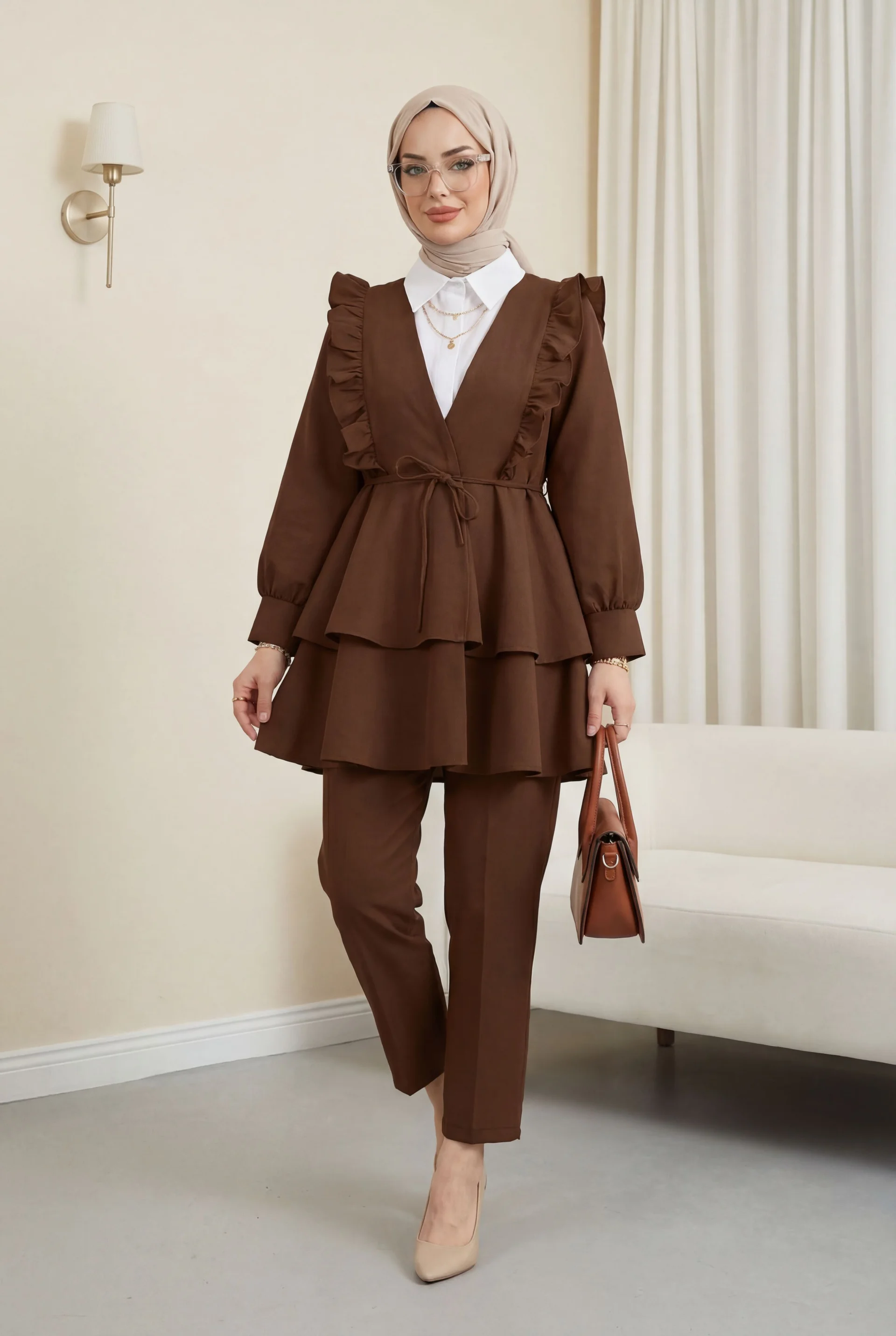 Ruffled Front Kimono Two-Piece Set with Peplum Top and Trousers - Tan - Podyumplus - by Peralane