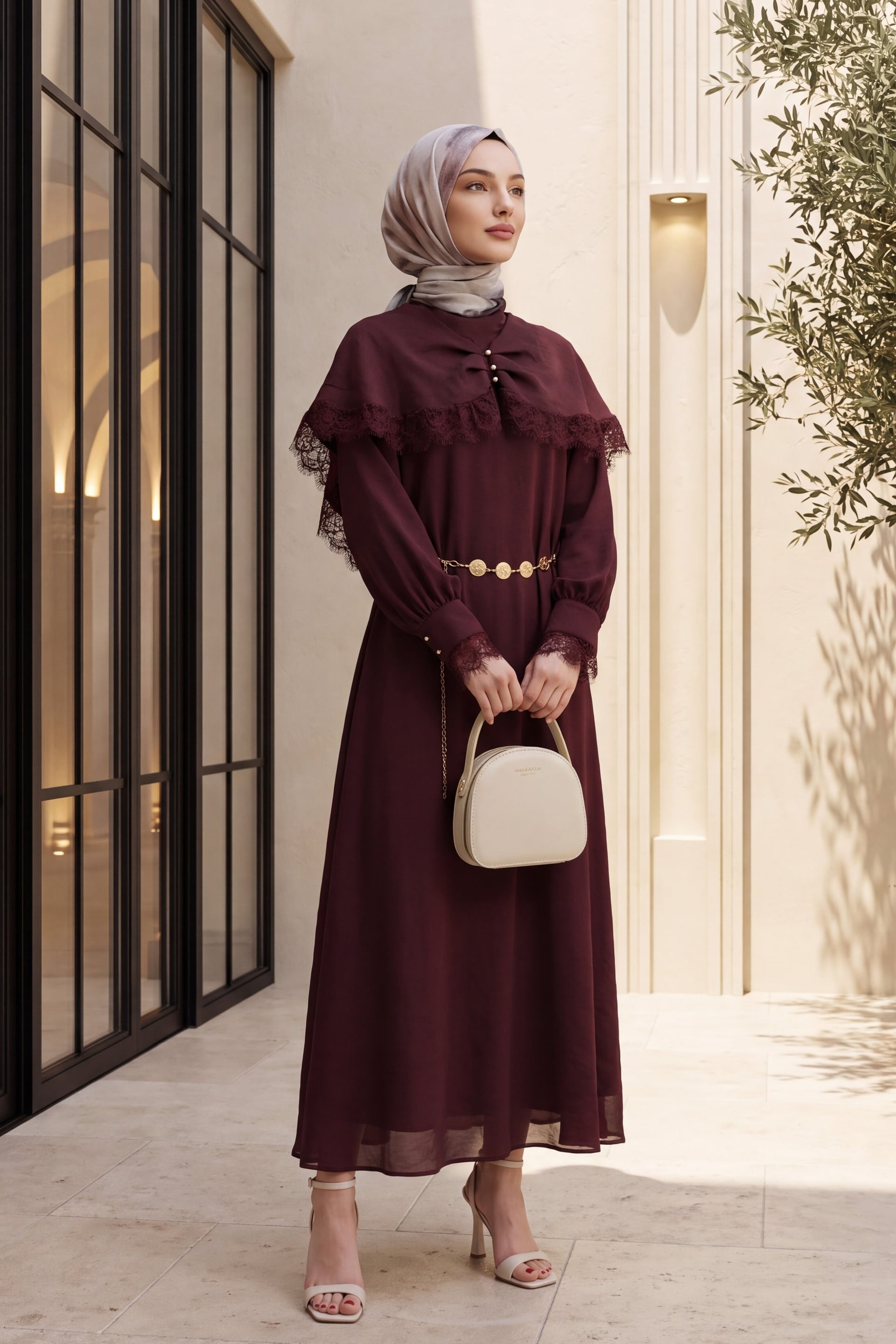 Lace Detail Cape Belted Lined Imported Ibiza Dress - Dark Burgundy - Podyumplus - by Peralane - photo 2