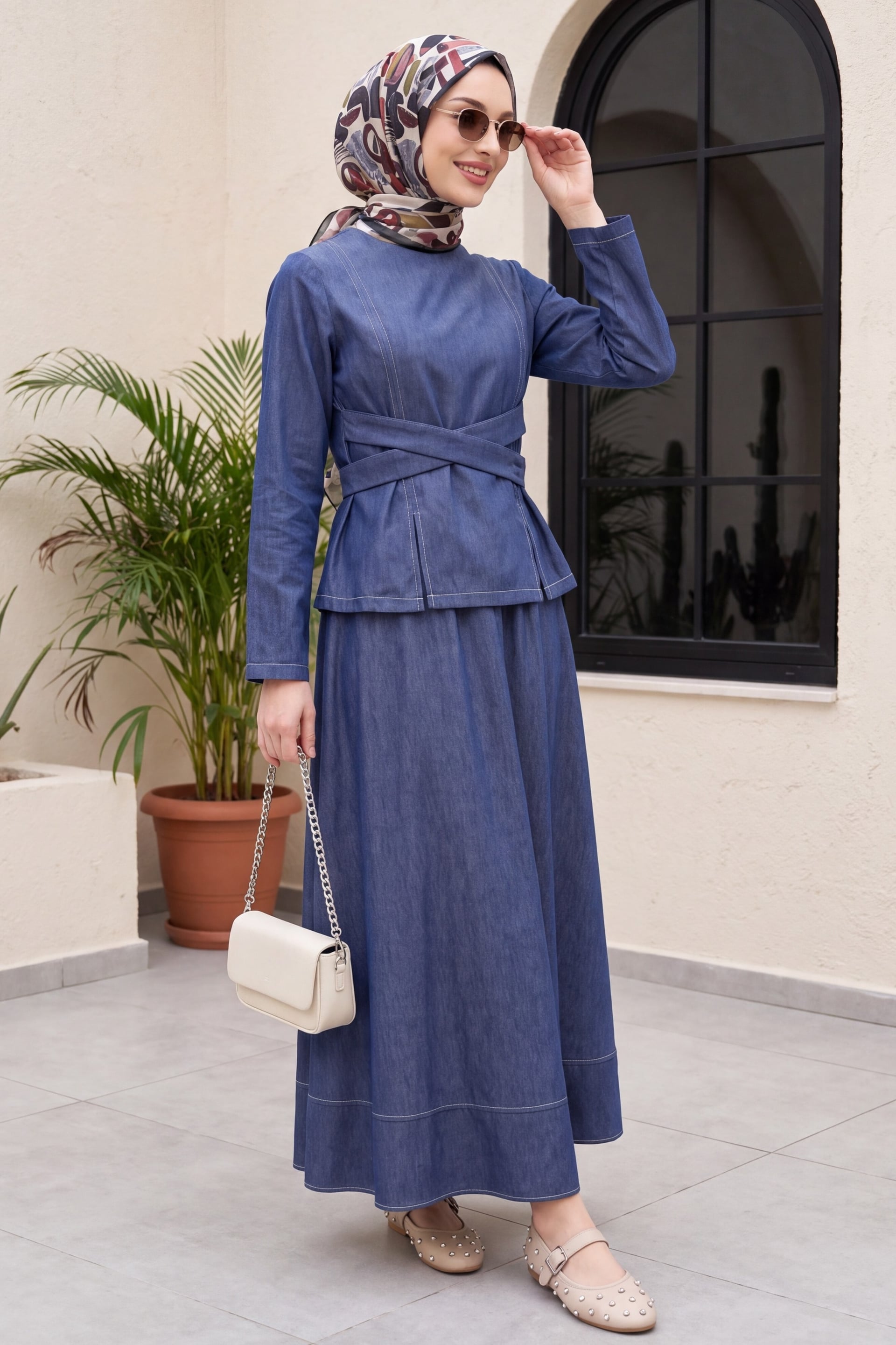 Round Neck Cross-Tie Belted Denim Co-ord Set with Maxi Skirt - Navy - Podyumplus - by Peralane