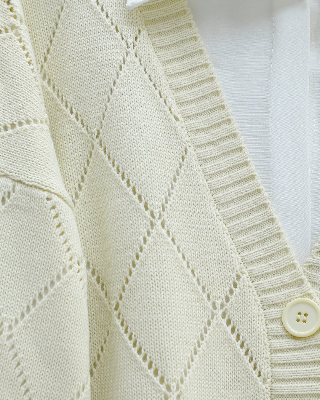 Openwork Diamond Pattern Knit Cardigan - Cream - Podyumplus - by Peralane - photo 5