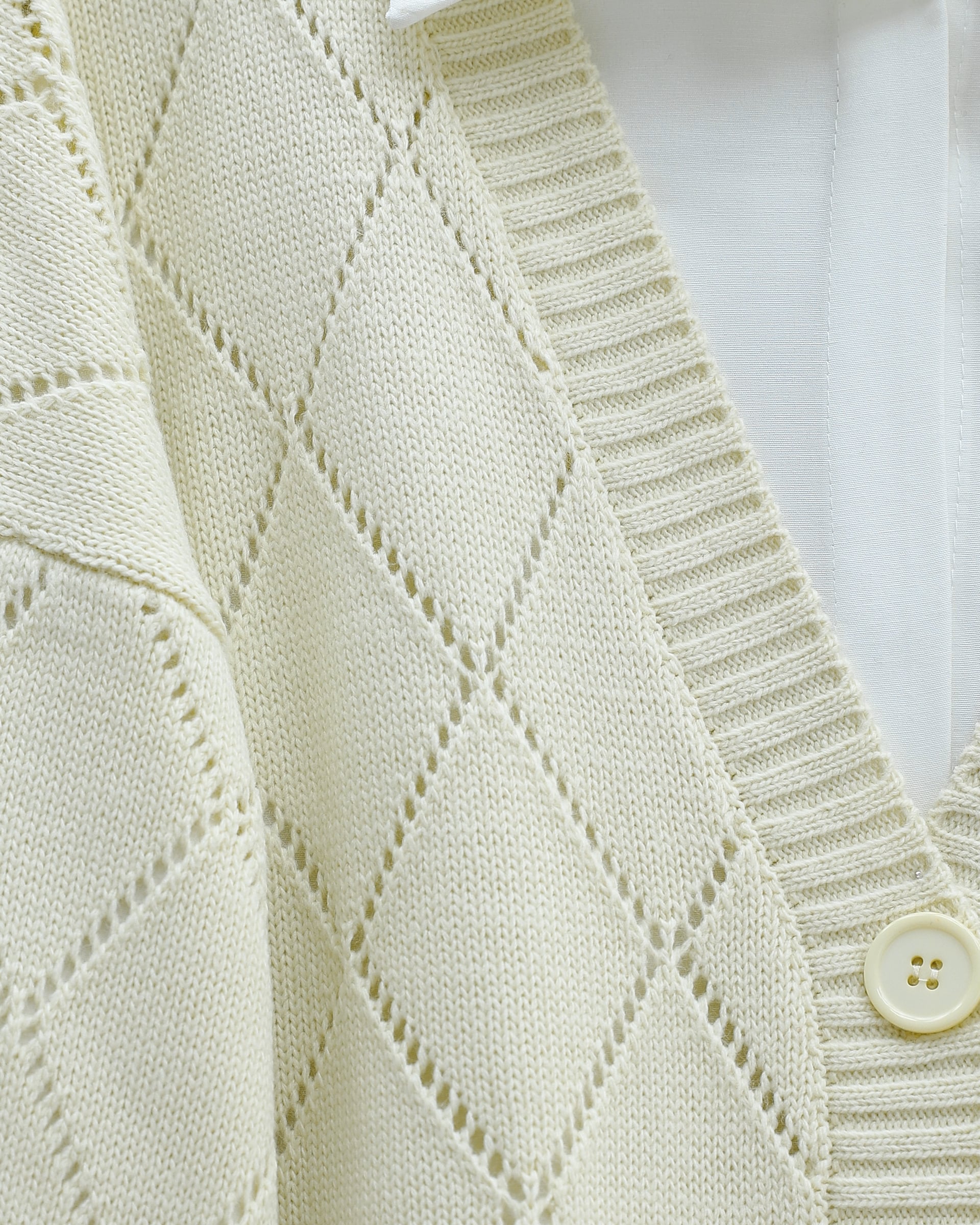Openwork Diamond Pattern Knit Cardigan - Cream - Podyumplus - by Peralane - photo 5