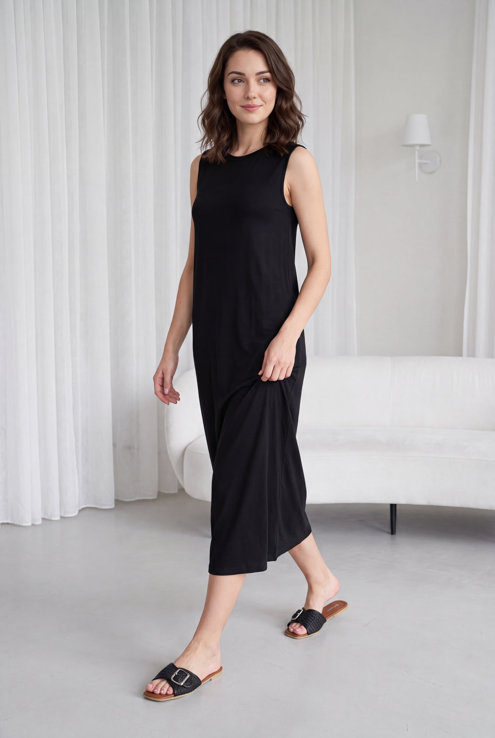 Sleeveless Round Neck Long Jersey Slip Dress - Black - Podyumplus - by Peralane - photo 2