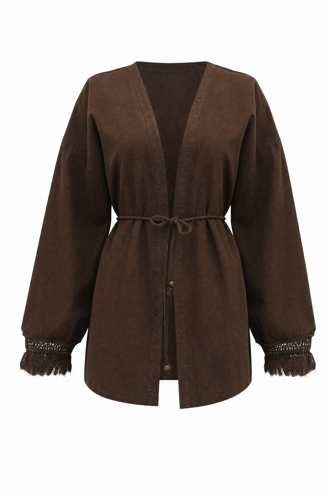 Fringed Belted Linen Kimono - Brown - Podyumplus - by Peralane - photo 10