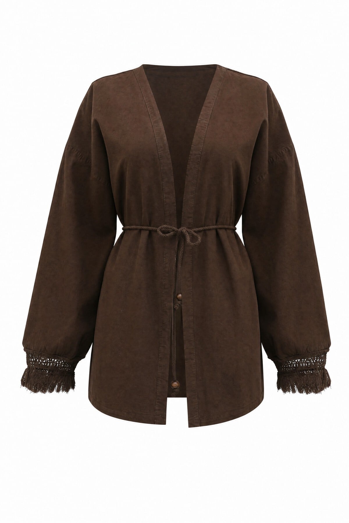 Fringed Belted Linen Kimono - Brown - Podyumplus - by Peralane - photo 10