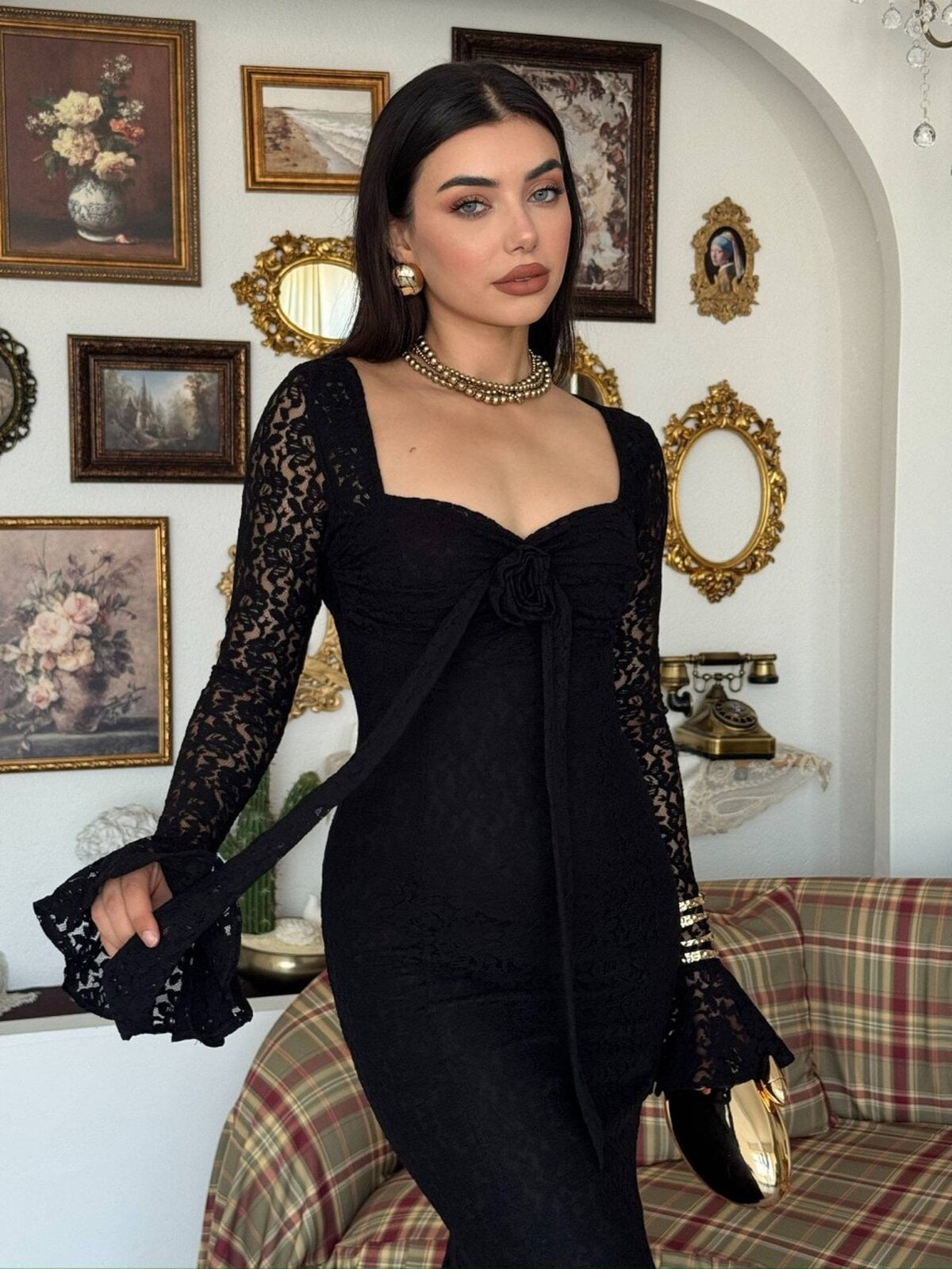 Black Lace Dress with Rose Detail and Sweetheart Neckline - Etika - by Peralane
