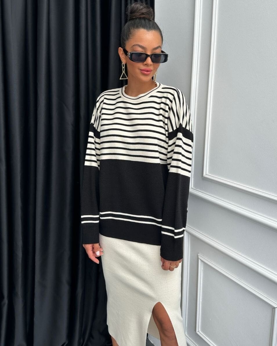 Striped Crew Neck Sweater and Skirt Knit Set - Cream - Podyumplus - by Peralane - photo 6