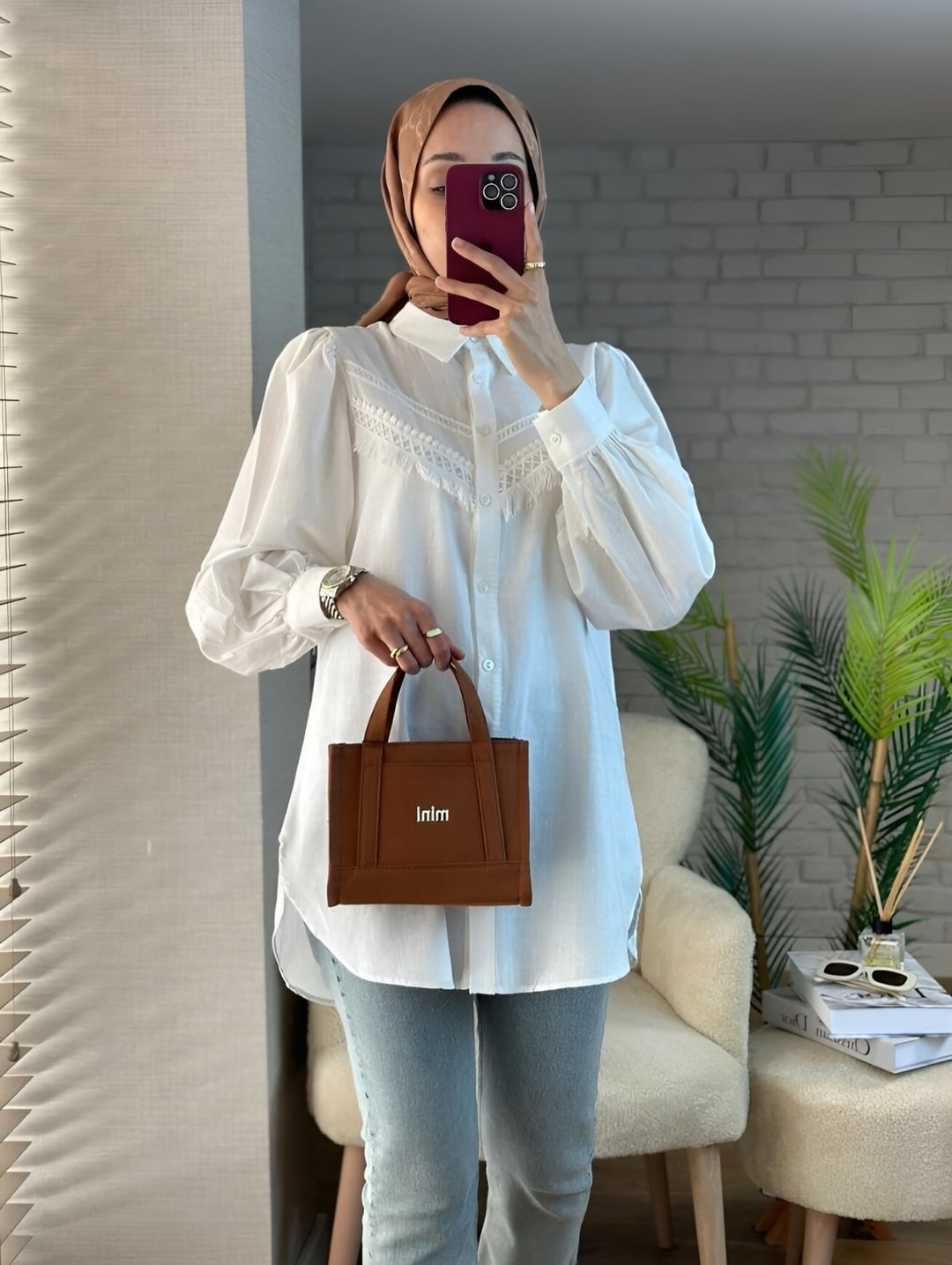 Ecru Balloon Sleeve Blouse with Lace Trim - Podyumplus - by Peralane