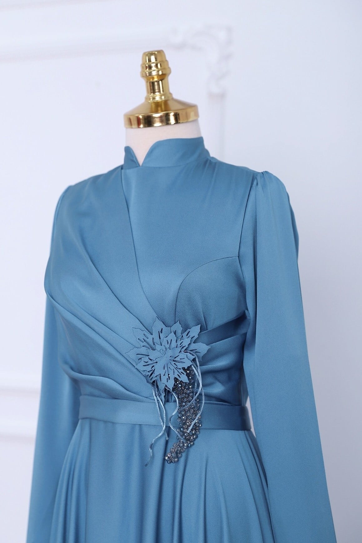 Draped Satin Evening Dress with Belt and Floral Appliqué - Blue - Podyumplus - by Peralane - photo 3
