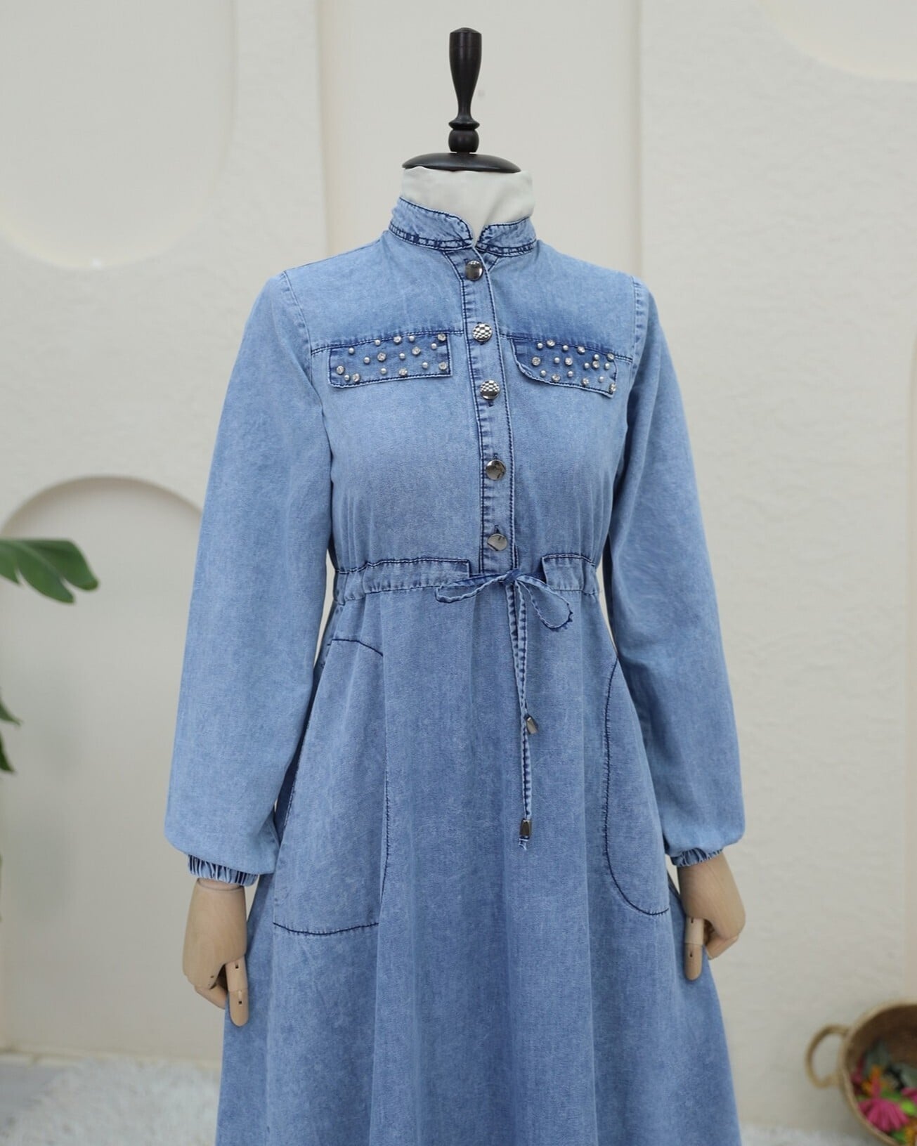 Studded Pocket Tunnel Drawstring Denim Dress - Ice Blue - Podyumplus - by Peralane - photo 5