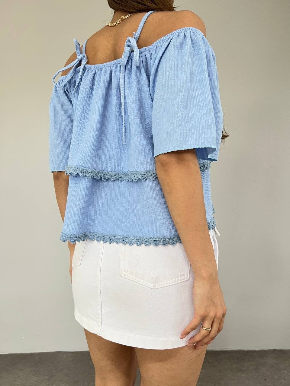 Embroidered Off-Shoulder Blouse in Baby Blue - Podyumplus - by Peralane - photo 5