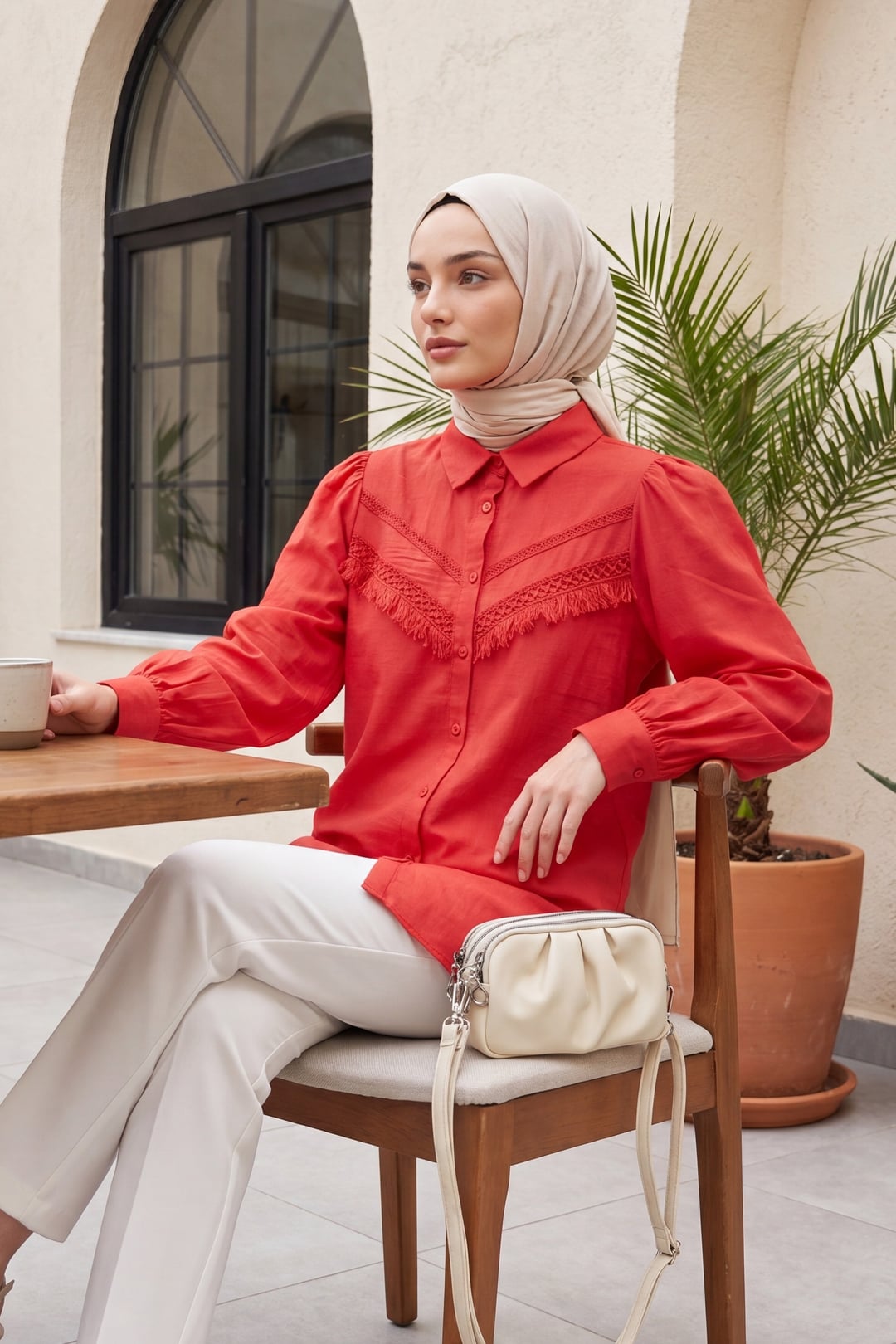 Fringe Lace Balloon Sleeve Blouse - Coral Red - Podyumplus - by Peralane