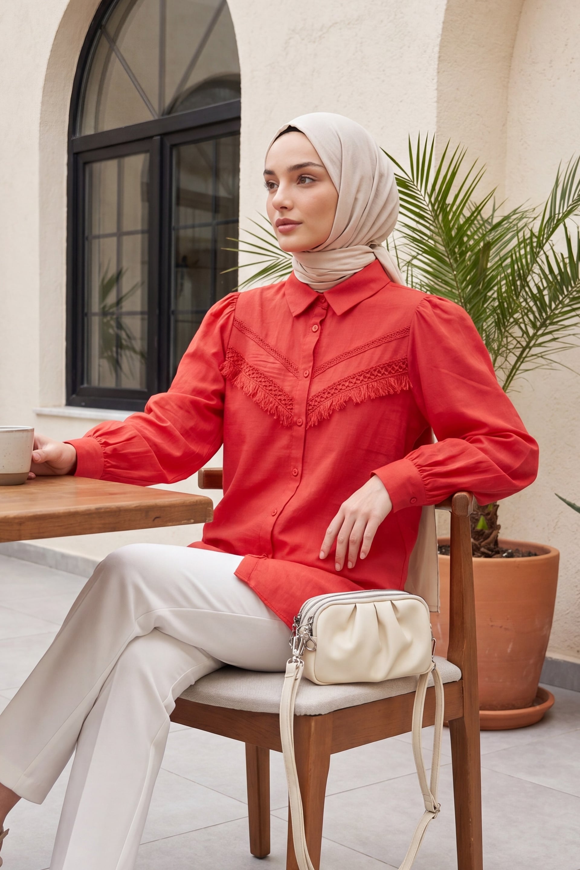 Fringe Lace Balloon Sleeve Blouse - Coral Red - Podyumplus - by Peralane