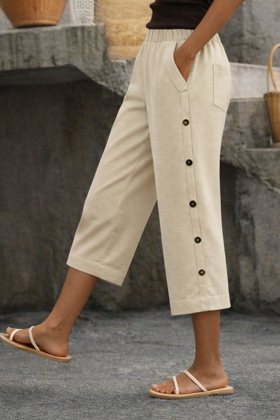 Women's High-Waist Elasticated Side-Button Detail Midi Trousers - Janes - by Peralane