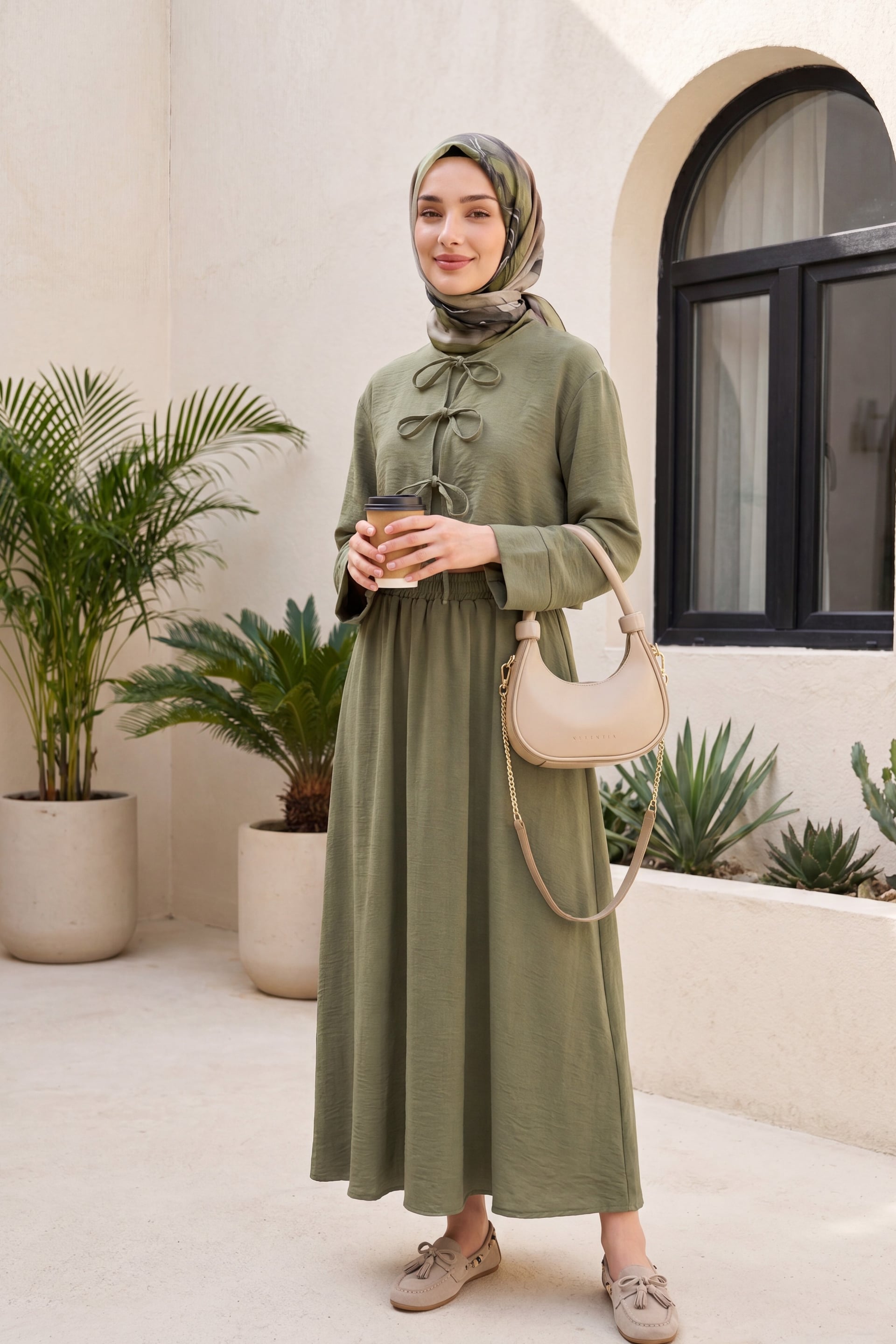 Front Lace-Up Elastic Waist Skirt Set in Olive Green - Podyumplus - by Peralane - photo 2