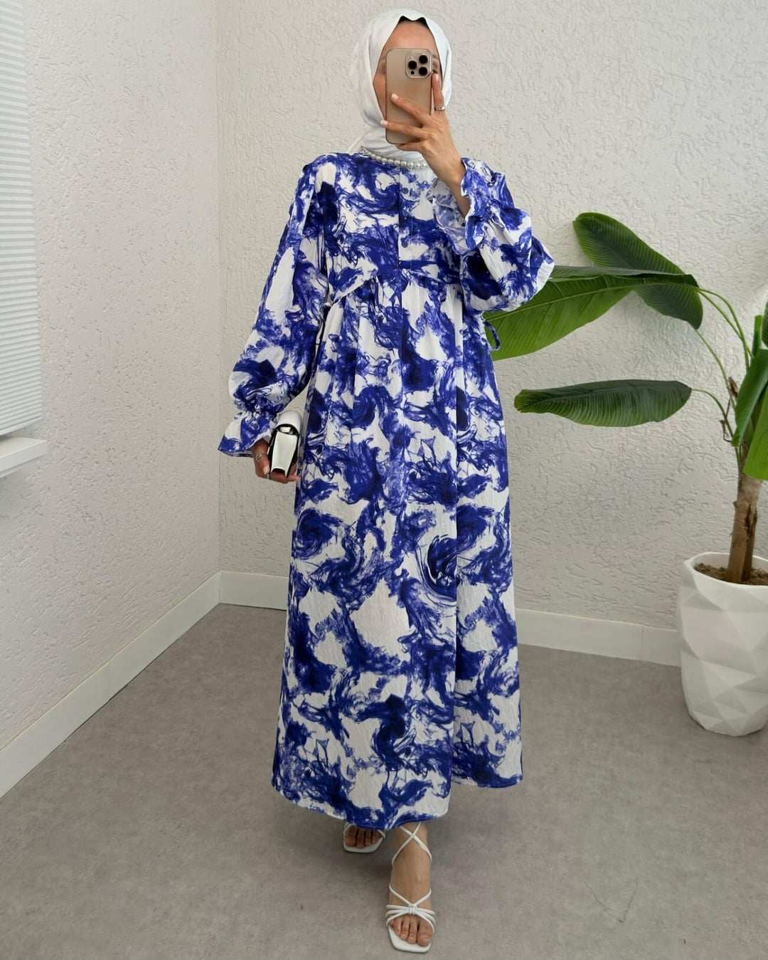 Half Button Belted Patterned Modest Dress - Saks - Podyumplus - by Peralane - photo 3