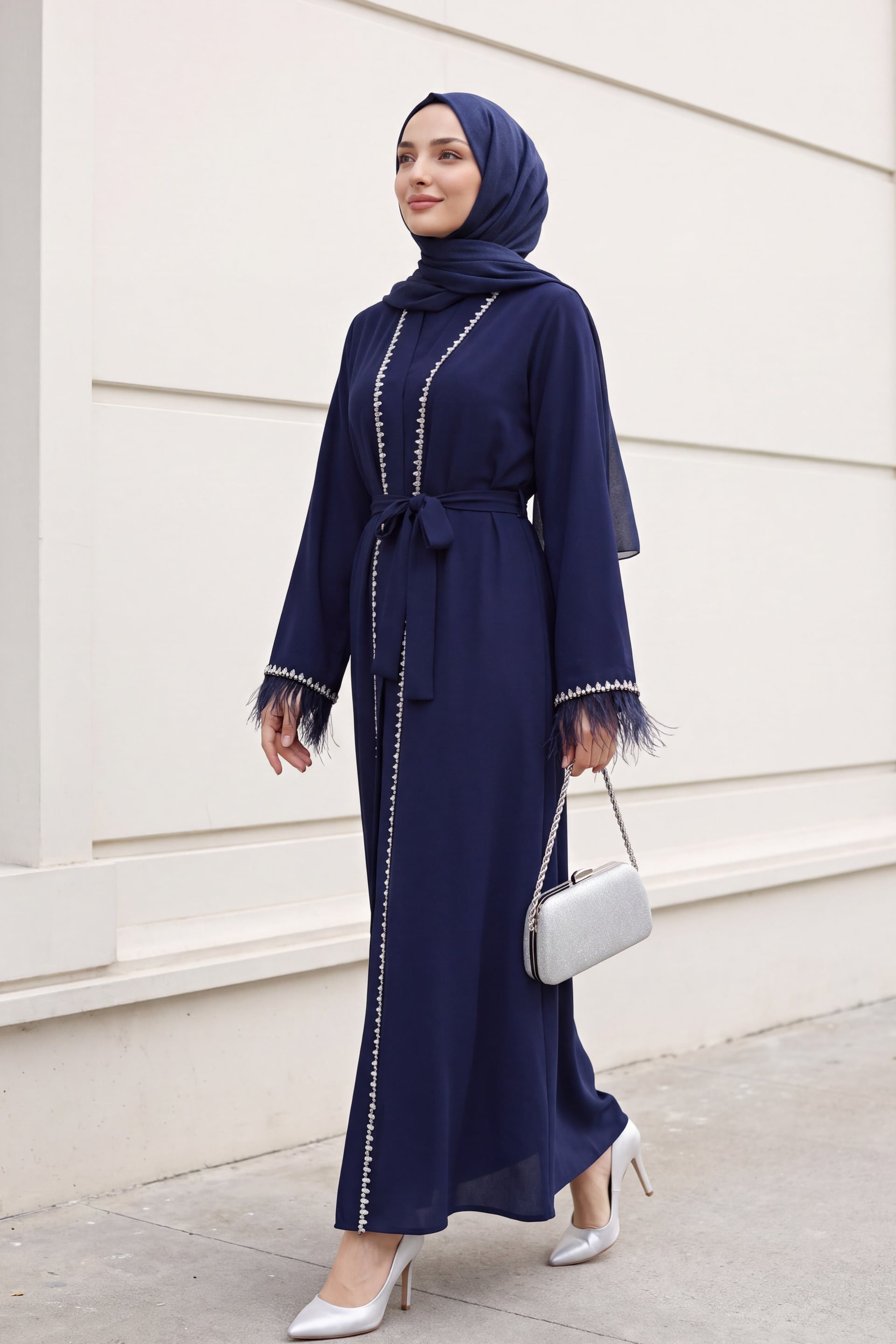 Navy Blue Beaded Trim Belted Abaya with Feathered Cuffs - Podyumplus - by Peralane - photo 4