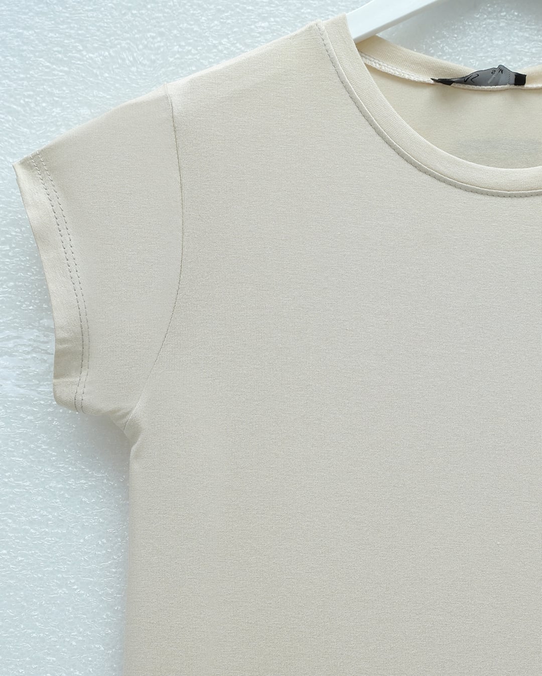 Crew Neck Short Sleeve Ribbed Knit T-Shirt - Beige - Podyumplus - by Peralane - photo 4