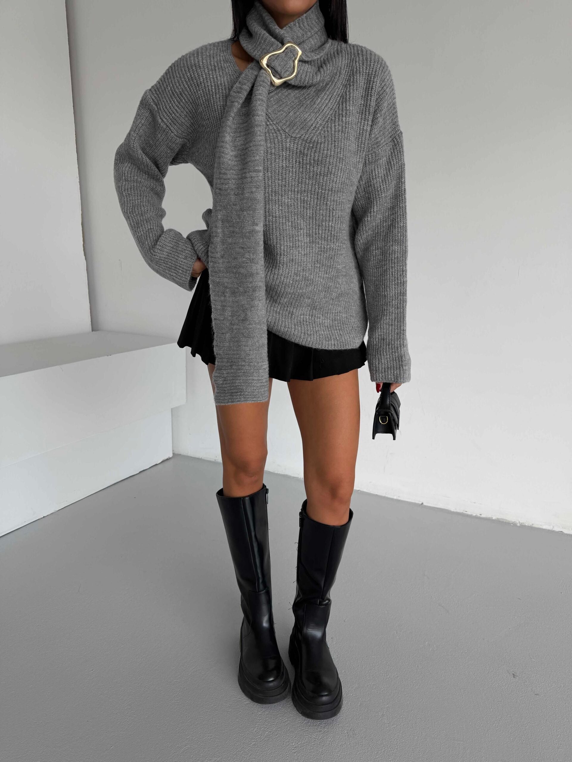 Grey Ribbed Knit Cowl Neck Sweater - My Bee - by Peralane - photo 2