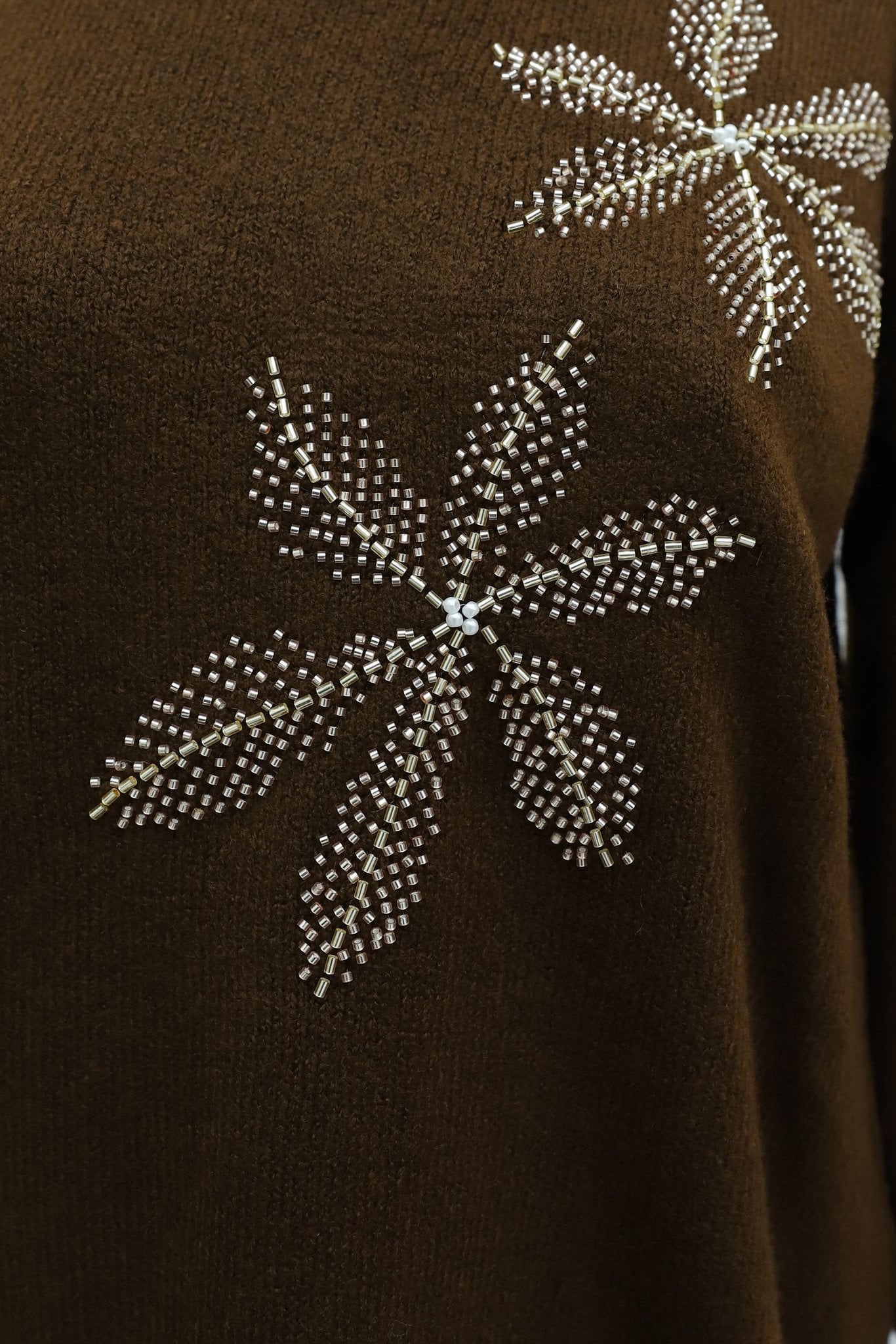 Floral Bead Embellished Balloon Sleeve Slit Knit Tunic - Brown - Podyumplus - by Peralane - photo 7