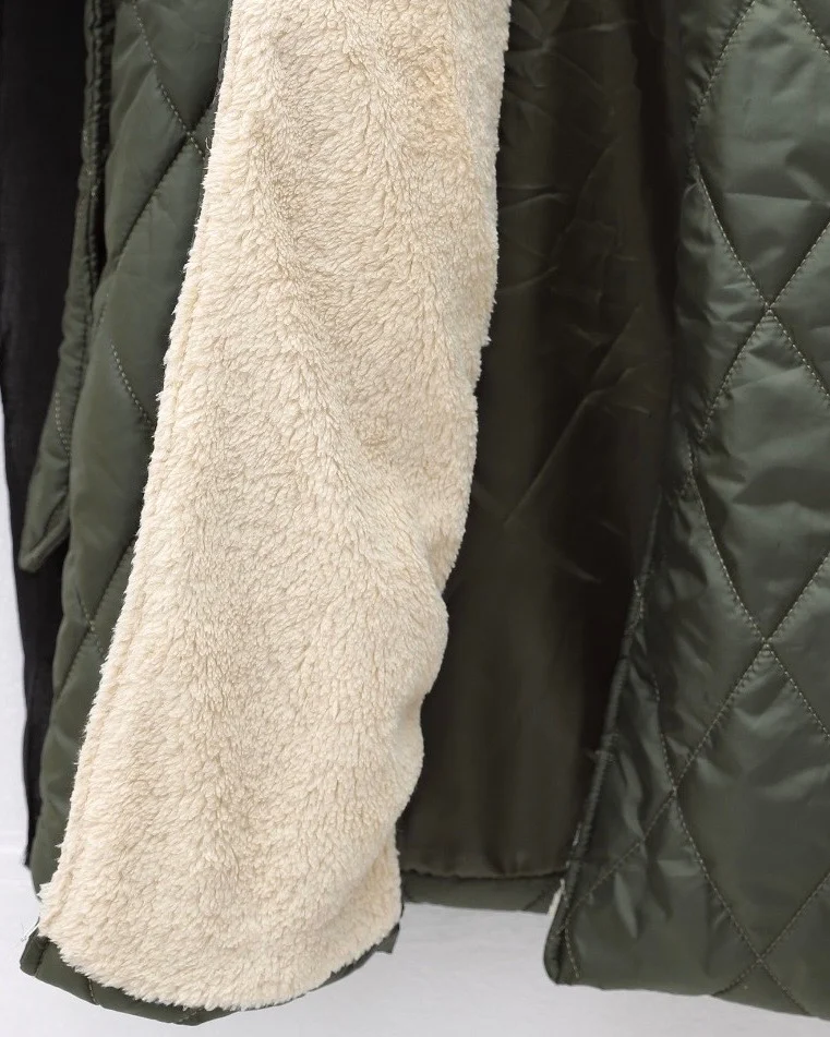 Women's Quilted Coat with Faux Fur Collar and Belt - Khaki - Podyumplus - by Peralane - photo 7