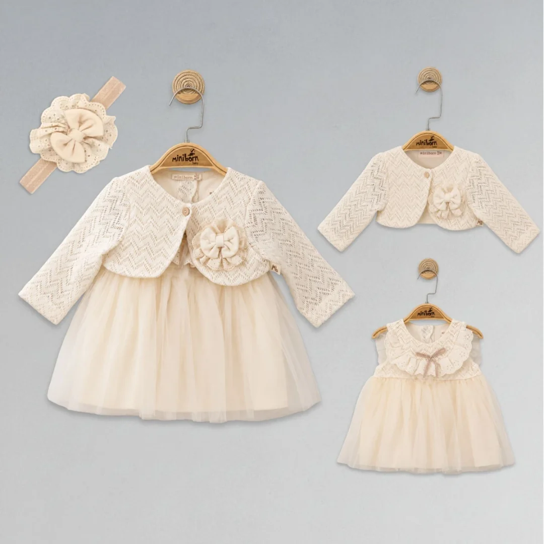 Cream Baby Girl Dress Set with Bolero and Headband – 4 Pieces - Miniborn - by Peralane