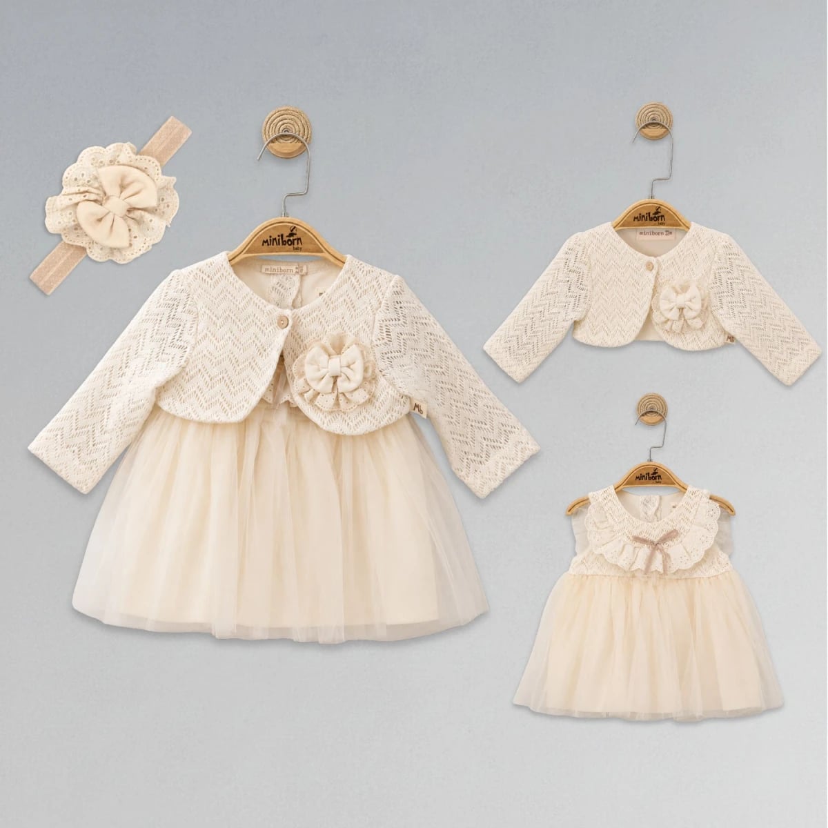 Cream Baby Girl Dress Set with Bolero and Headband – 4 Pieces - Miniborn - by Peralane