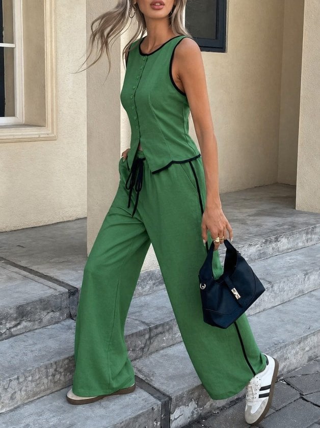 Women's Sleeveless Button-Front Vest and Wide-Leg Trousers Two-Piece Set in Green - Janes - by Peralane - photo 2