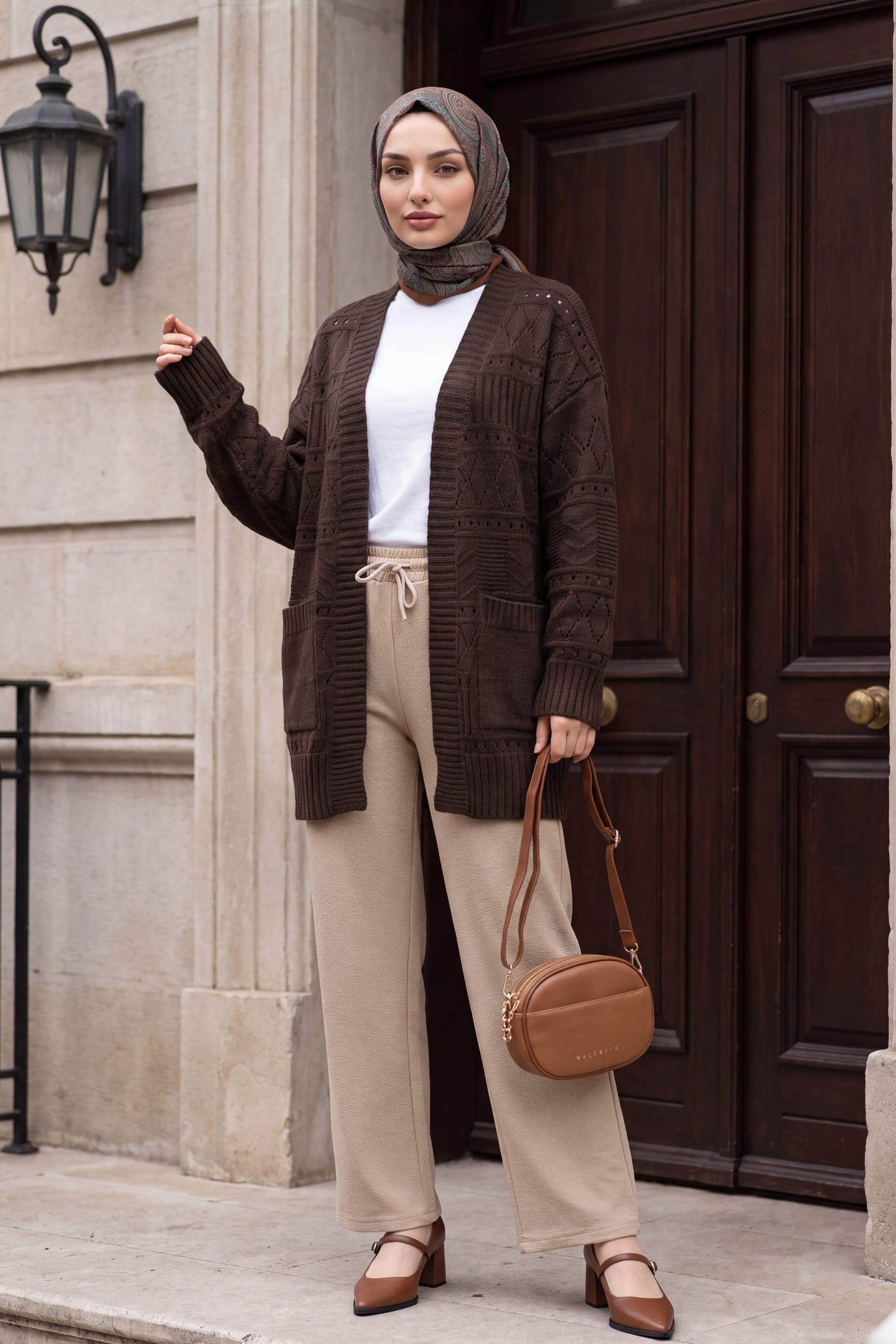 Double Pocket Open Front Ajour Knit Cardigan - Dark Brown - Podyumplus - by Peralane - photo 3
