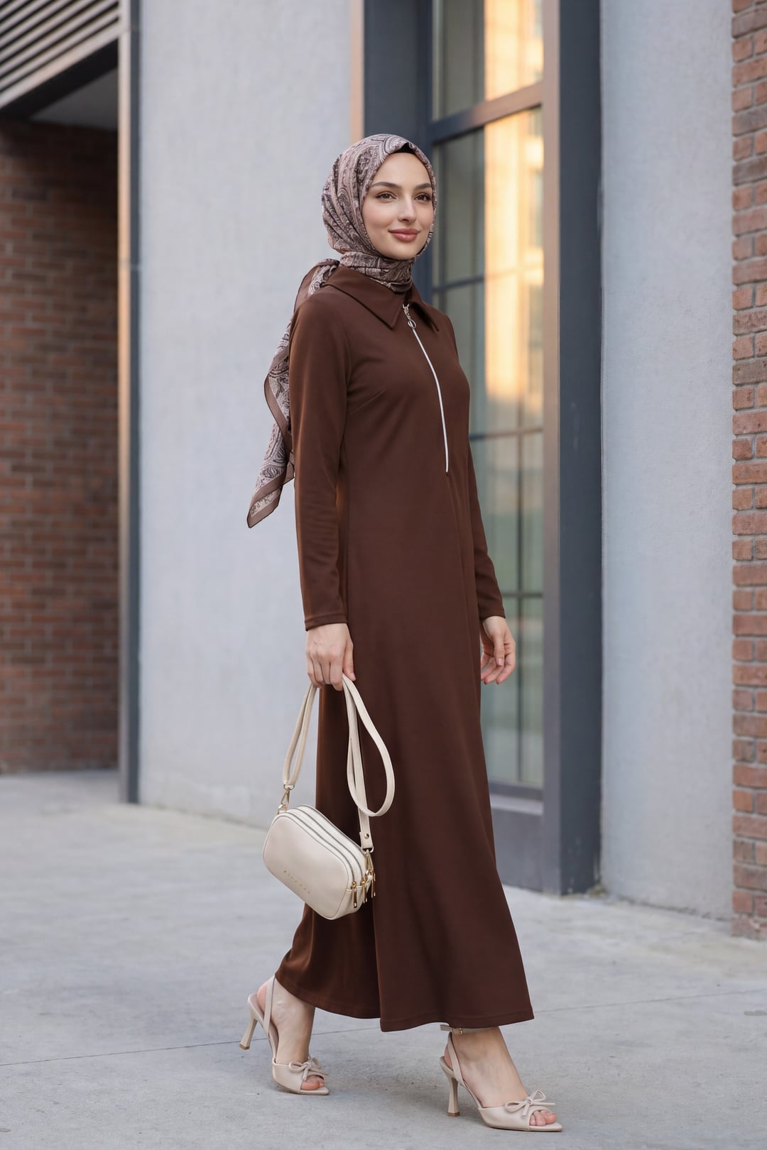 Half-Zip Long-Sleeve Shirt Collar Maxi Dress - Brown - Podyumplus - by Peralane - photo 4