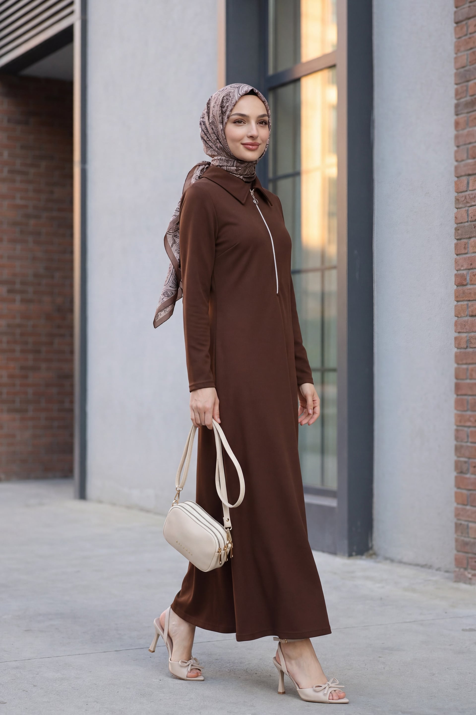 Half-Zip Long-Sleeve Shirt Collar Maxi Dress - Brown - Podyumplus - by Peralane - photo 4