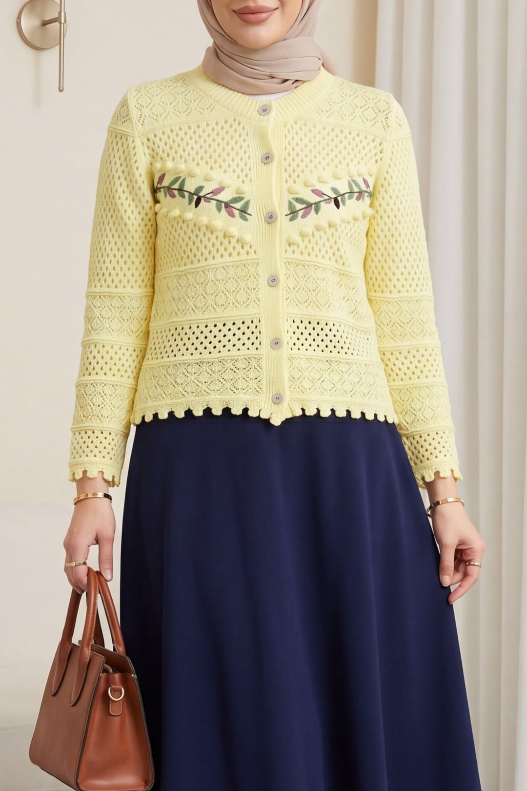 Women's Embroidered Openwork Knit Cardigan - Yellow - Podyumplus - by Peralane