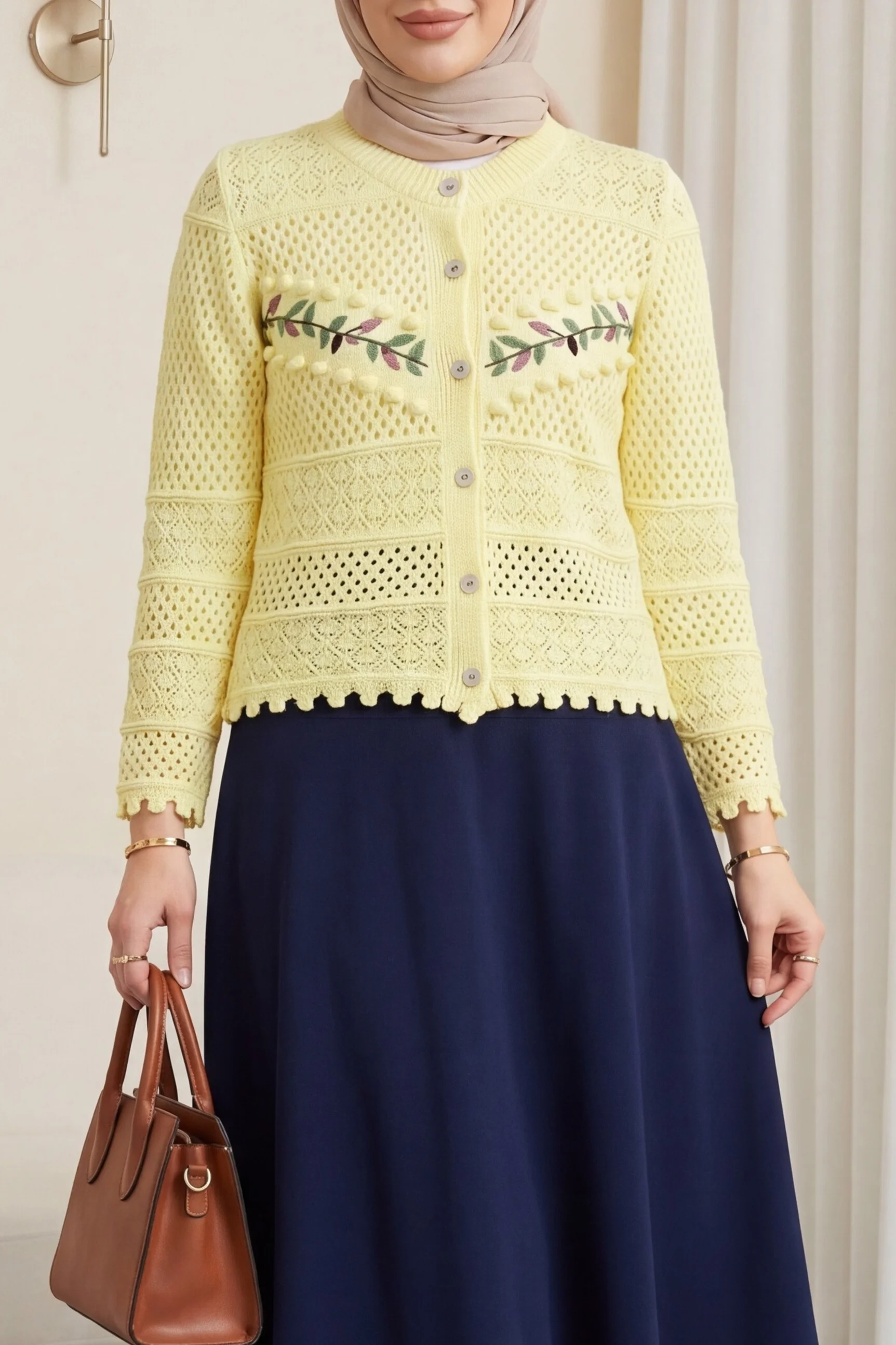 Women's Embroidered Openwork Knit Cardigan - Yellow - Podyumplus - by Peralane