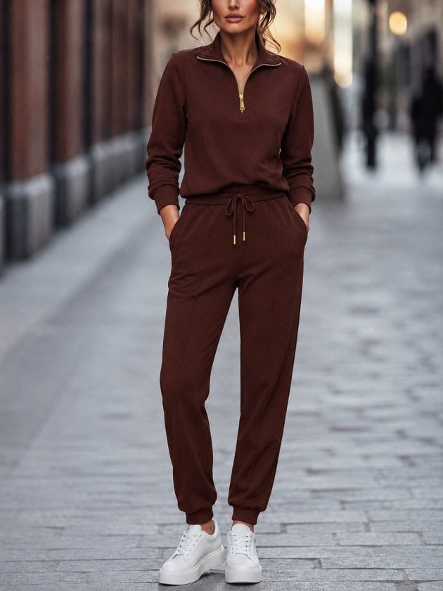 Women's Long Sleeve Quarter-Zip Knit Sweatshirt and Drawstring Trousers Lounge Set - Janes - by Peralane