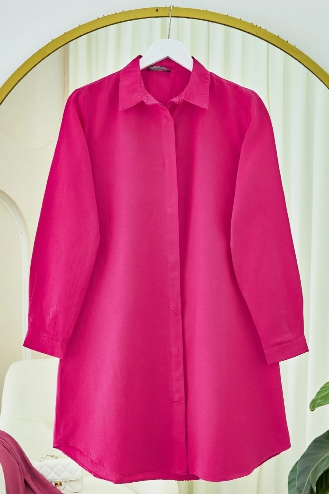Hidden Button Oval Cut Long Shirt - Fuchsia - Podyumplus - by Peralane - photo 5