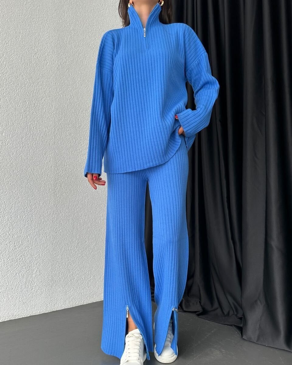 Royal Blue Ribbed Knit Co-ord Set with Half-Zip Top and Wide-Leg Trousers - Podyumplus - by Peralane - photo 7