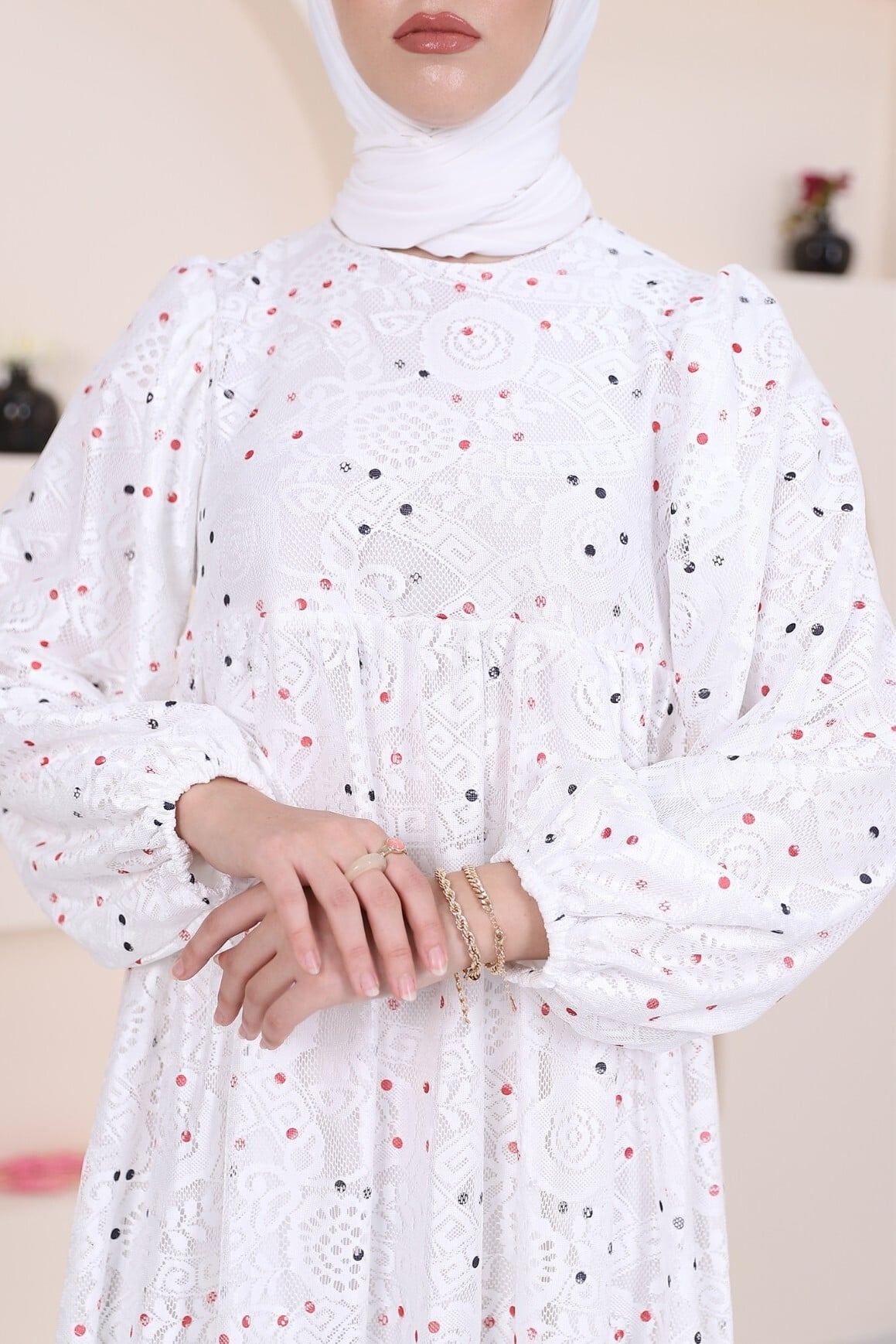 White Polka Dot Lined Tulle Dress with Long Puffed Sleeves - Podyumplus - by Peralane - photo 3
