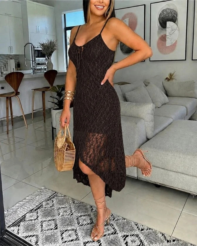 Women's Spaghetti Strap V-Neck Lined Asymmetric Lace Midi Dress - Janes - by Peralane - photo 3