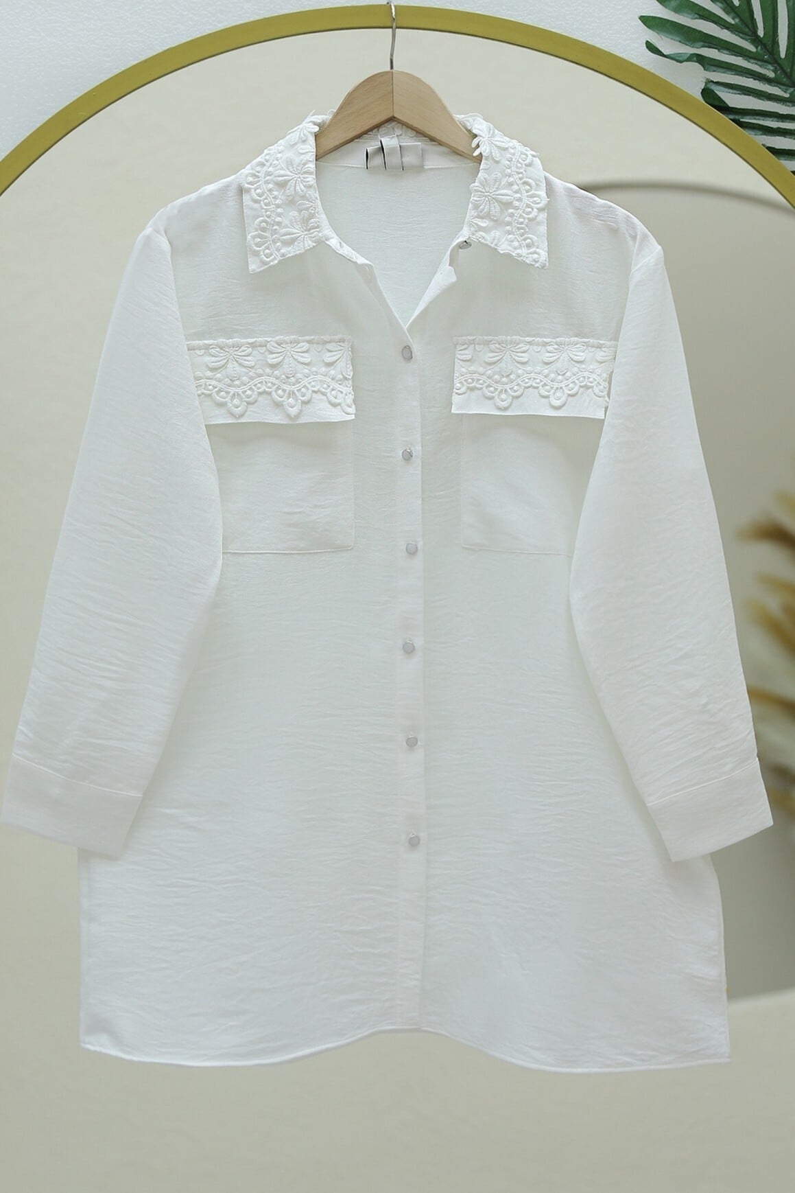 White Lace Detail Shirt with Collar and Pockets - Podyumplus - by Peralane - photo 7