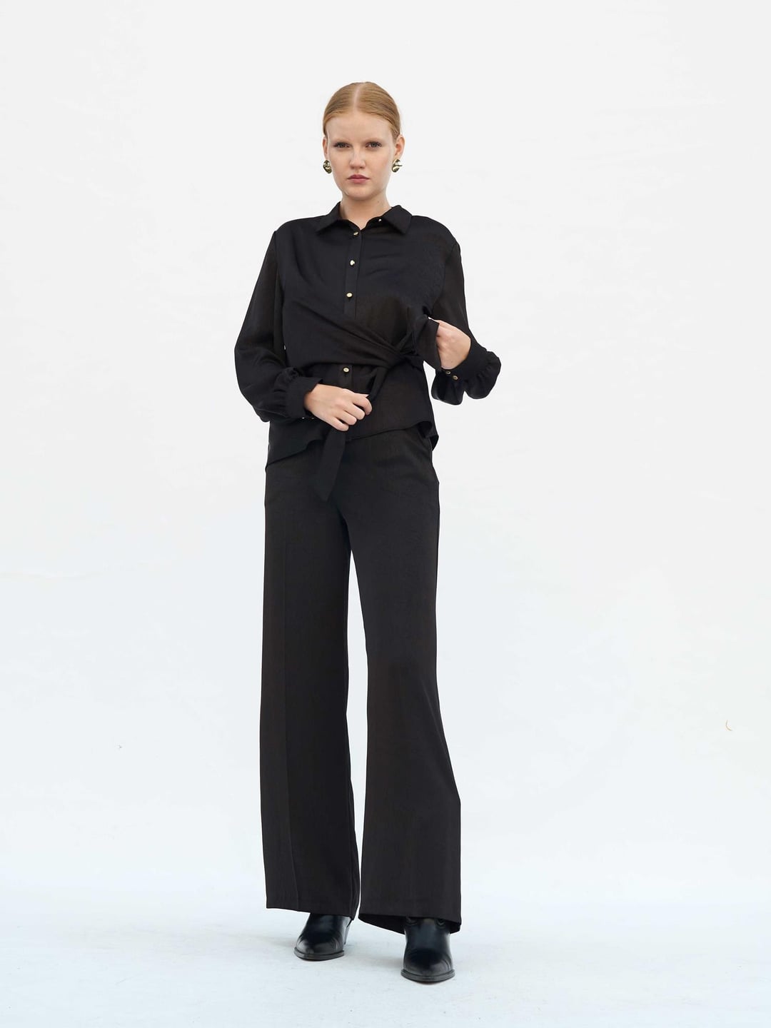 Black Satin Belted Wide-Leg Trousers - Lefon - by Peralane - photo 7