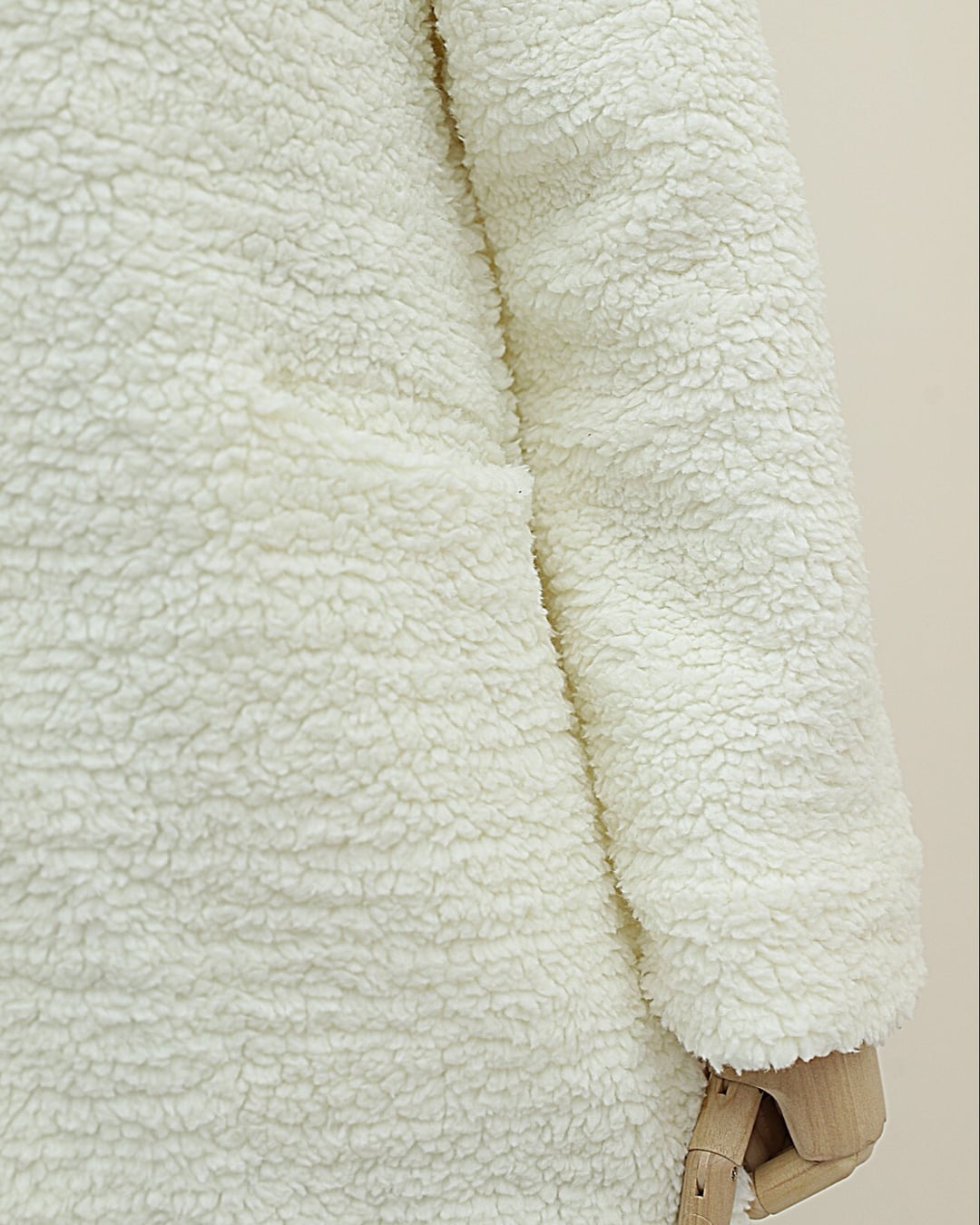Cream Plush Buttoned Lined Long Coat with Front Pockets - Podyumplus - by Peralane - photo 4