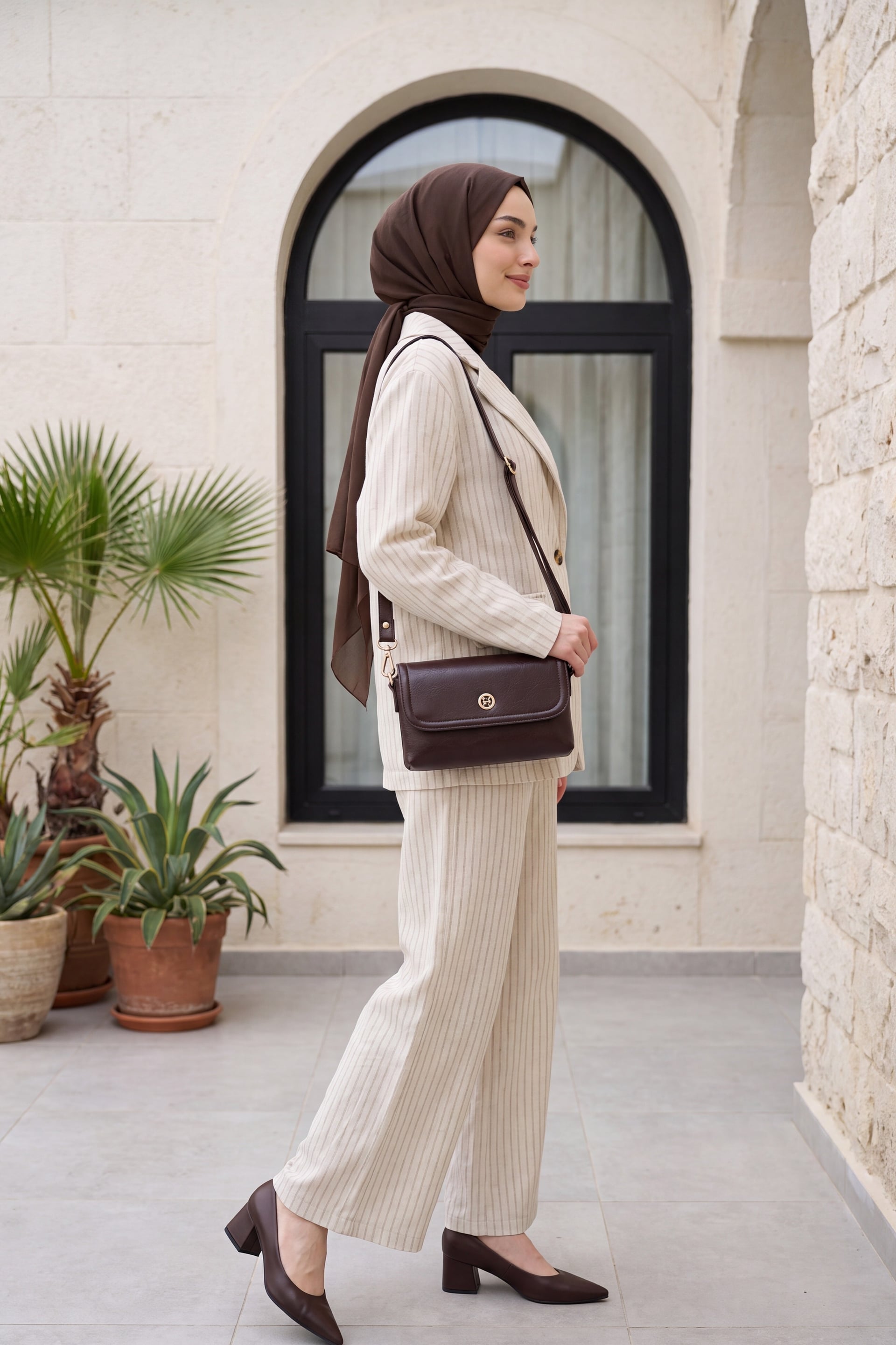 Notched Lapel Buttoned Linen Look Blazer and Wide-Leg Trousers Set - Stone - Podyumplus - by Peralane - photo 3